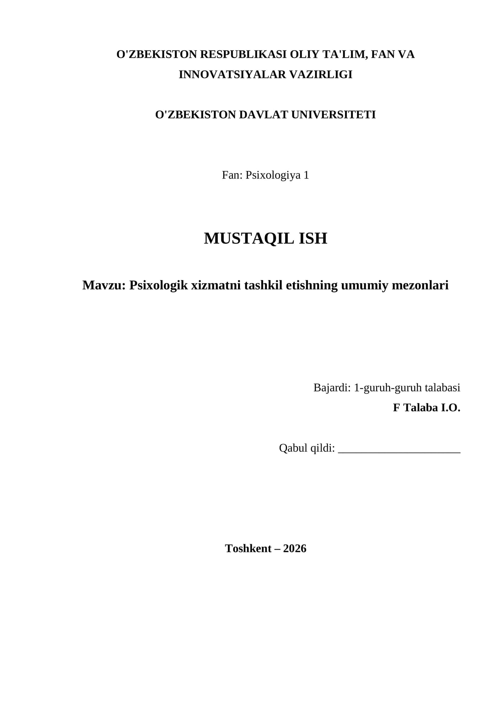 Psixologik xizmatni tashkil etishning umumiy mezonlari 1