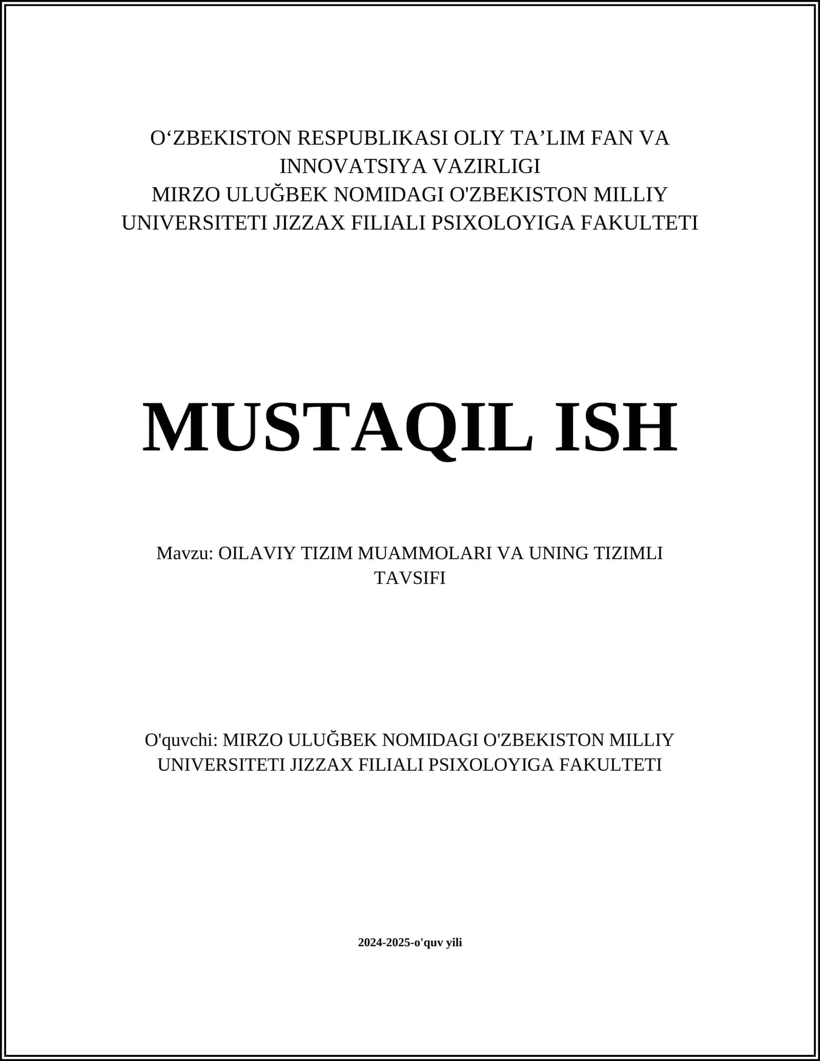 OILAVIY TIZIM MUAMMOLARI VA UNING TIZIMLI TAVSIFI 1