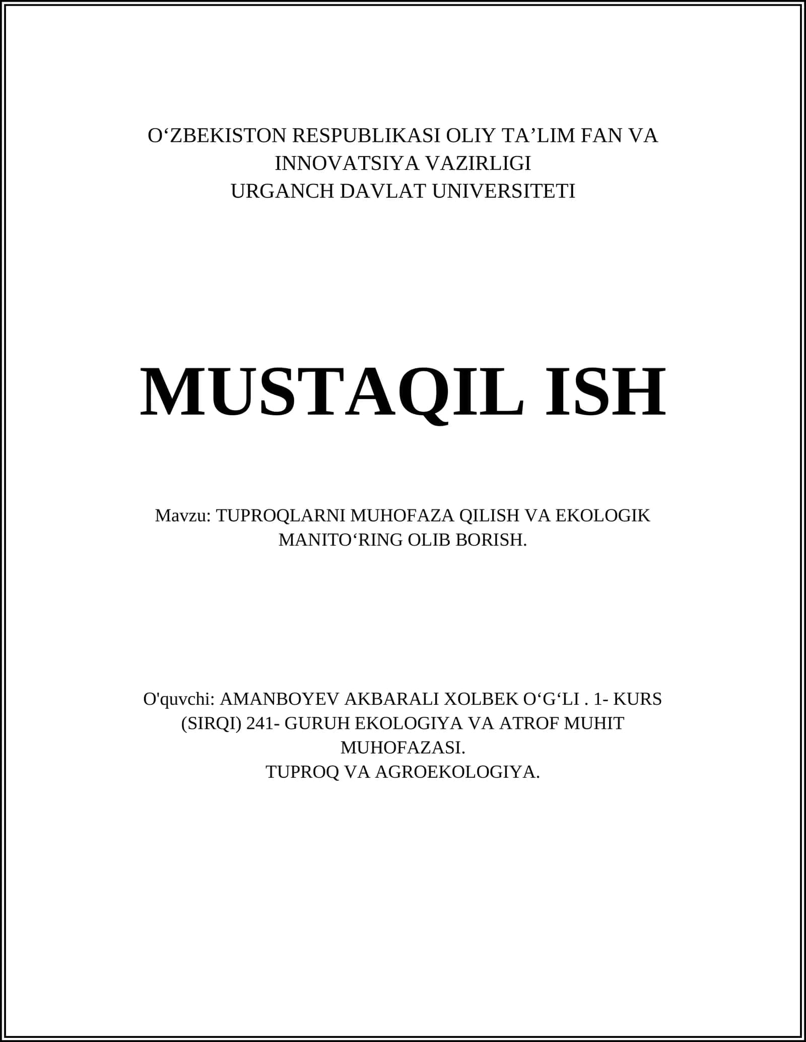 TUPROQLARNI MUHOFAZA QILISH VA EKOLOGIK MANITOʻRING OLIB BORISH 1