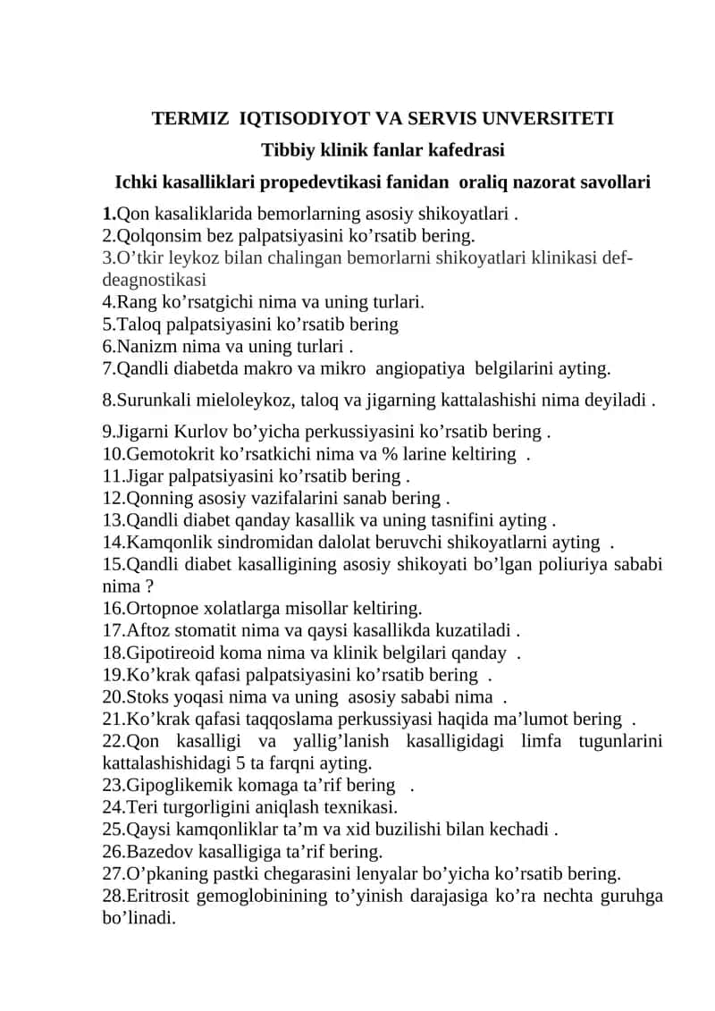 Ichki kasalliklari propedevtikasi fanidan oraliq nazorat savollari 1