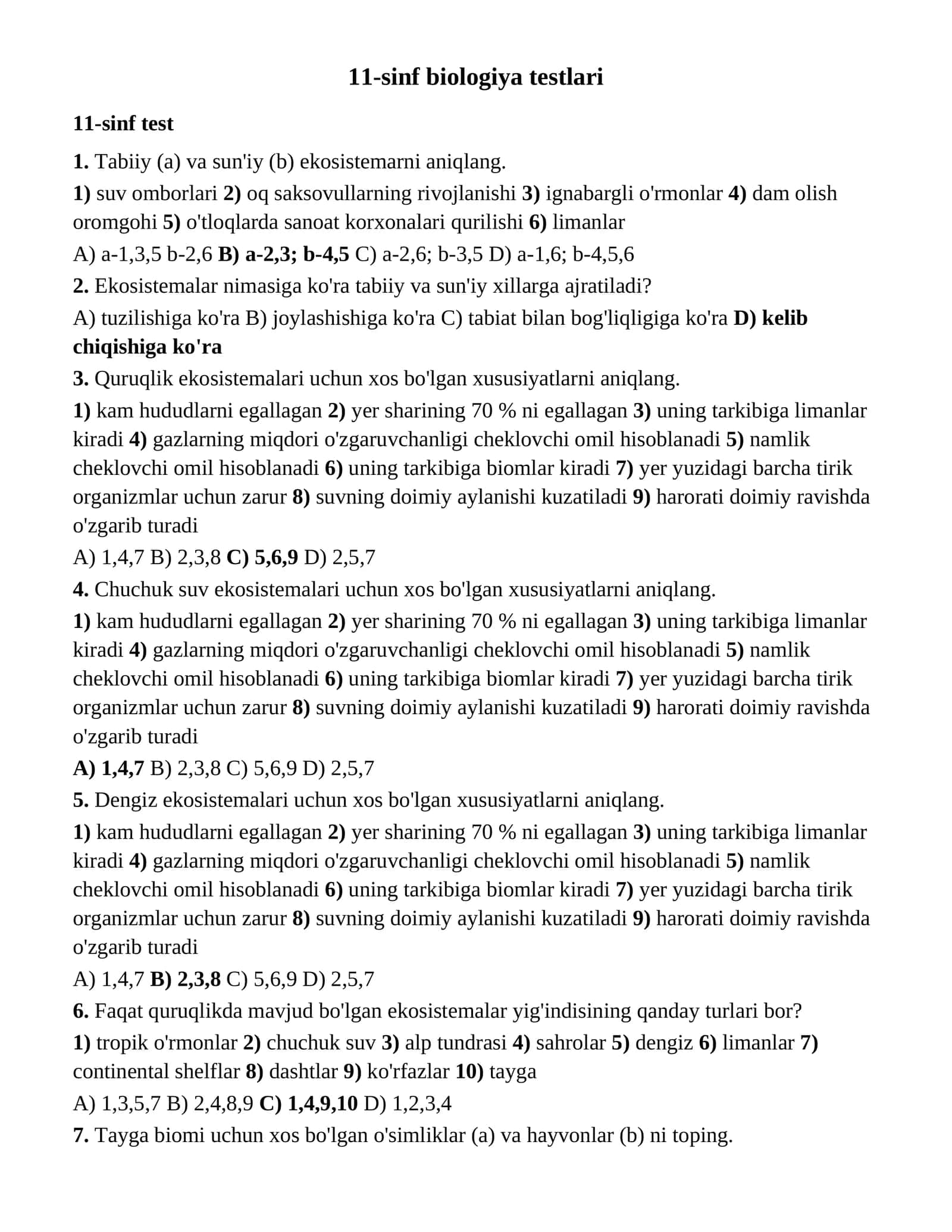 11-sinf biologiya testlari to'liq savollar-javoblar 1