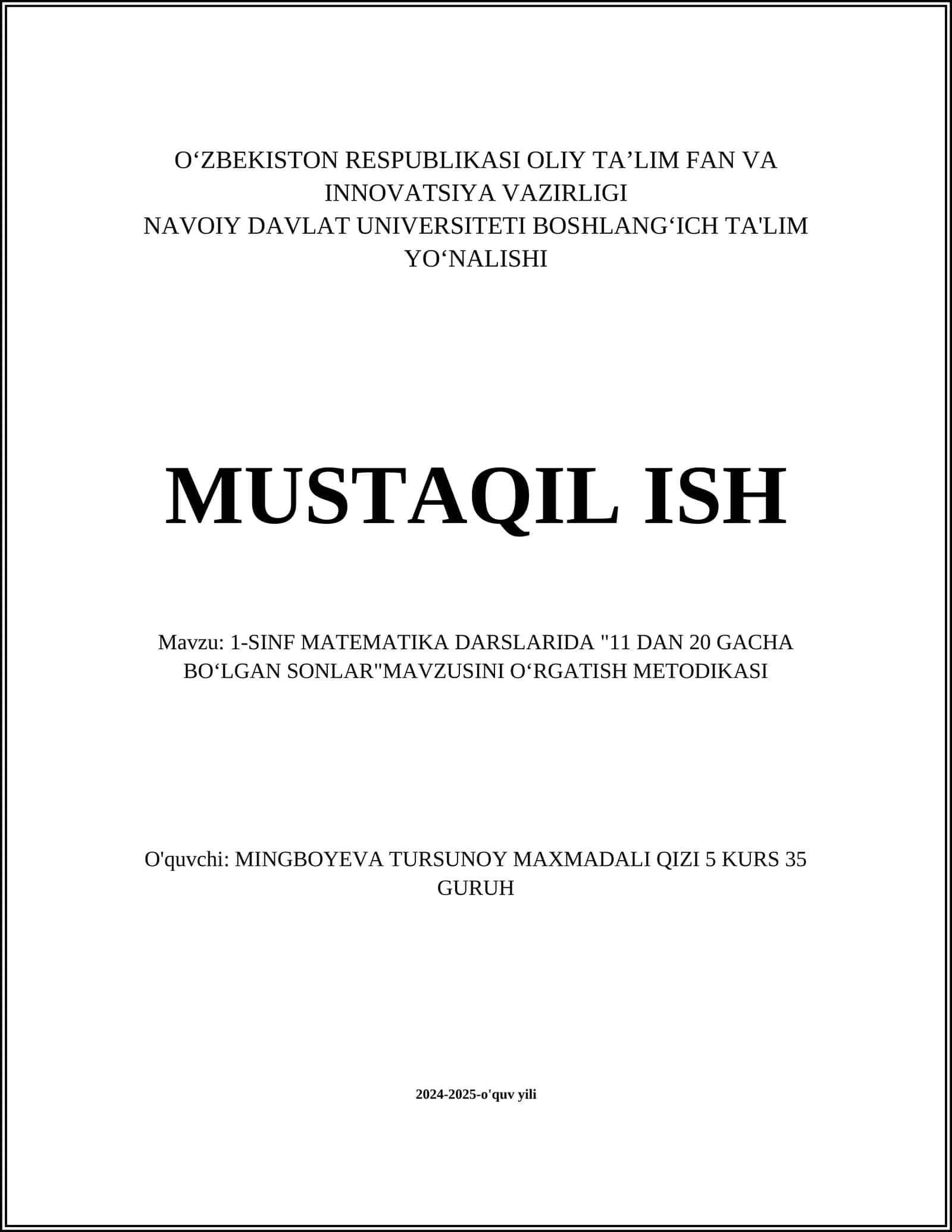 1-SINF MATEMATIKA DARSLARIDA "11 DAN 20 GACHA BOʻLGAN SONLAR"MAVZUSINI OʻRGATISH METODIKASI 1
