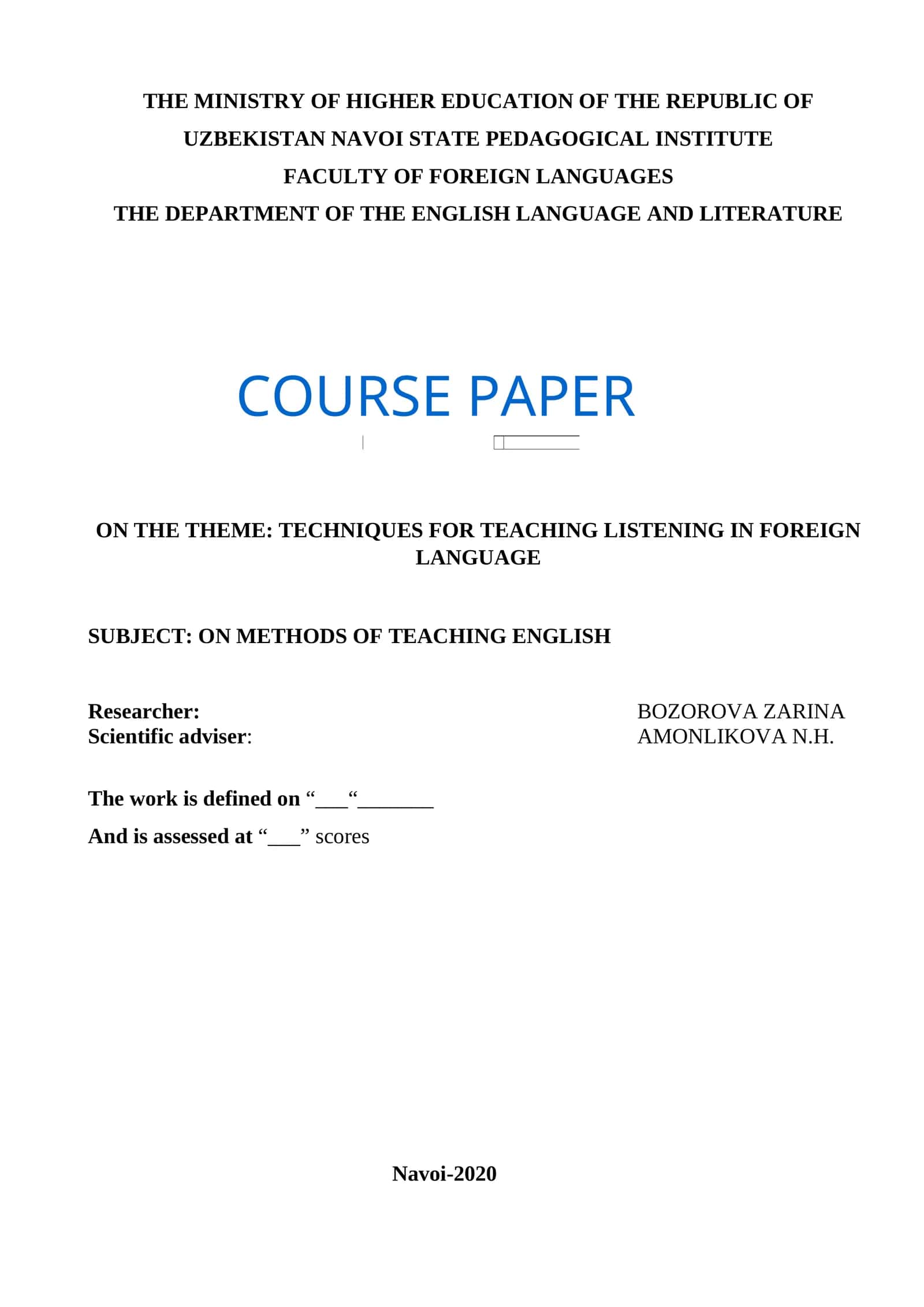 COURSE PAPER ON TECHNIQUES FOR TEACHING LISTENING IN FOREIGN LANGUAGE 1