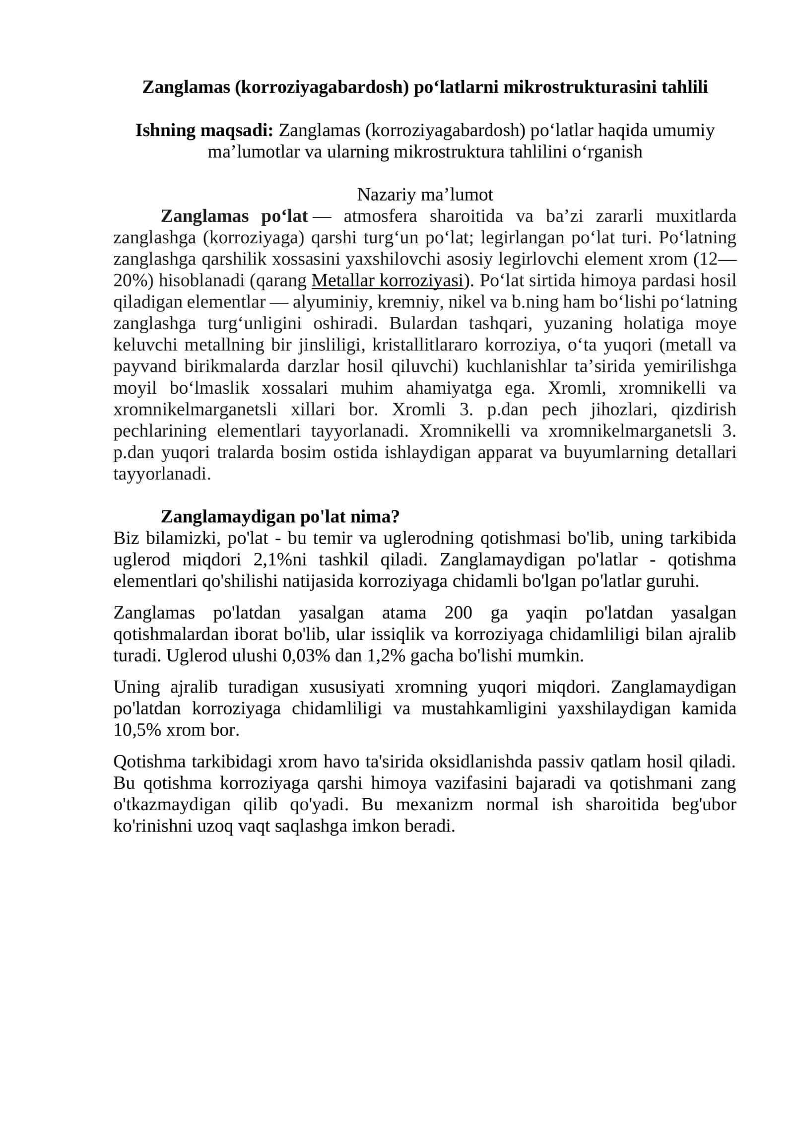Zanglamas (korroziyagabardosh) po‘latlarni mikrostrukturasini tahlili 1