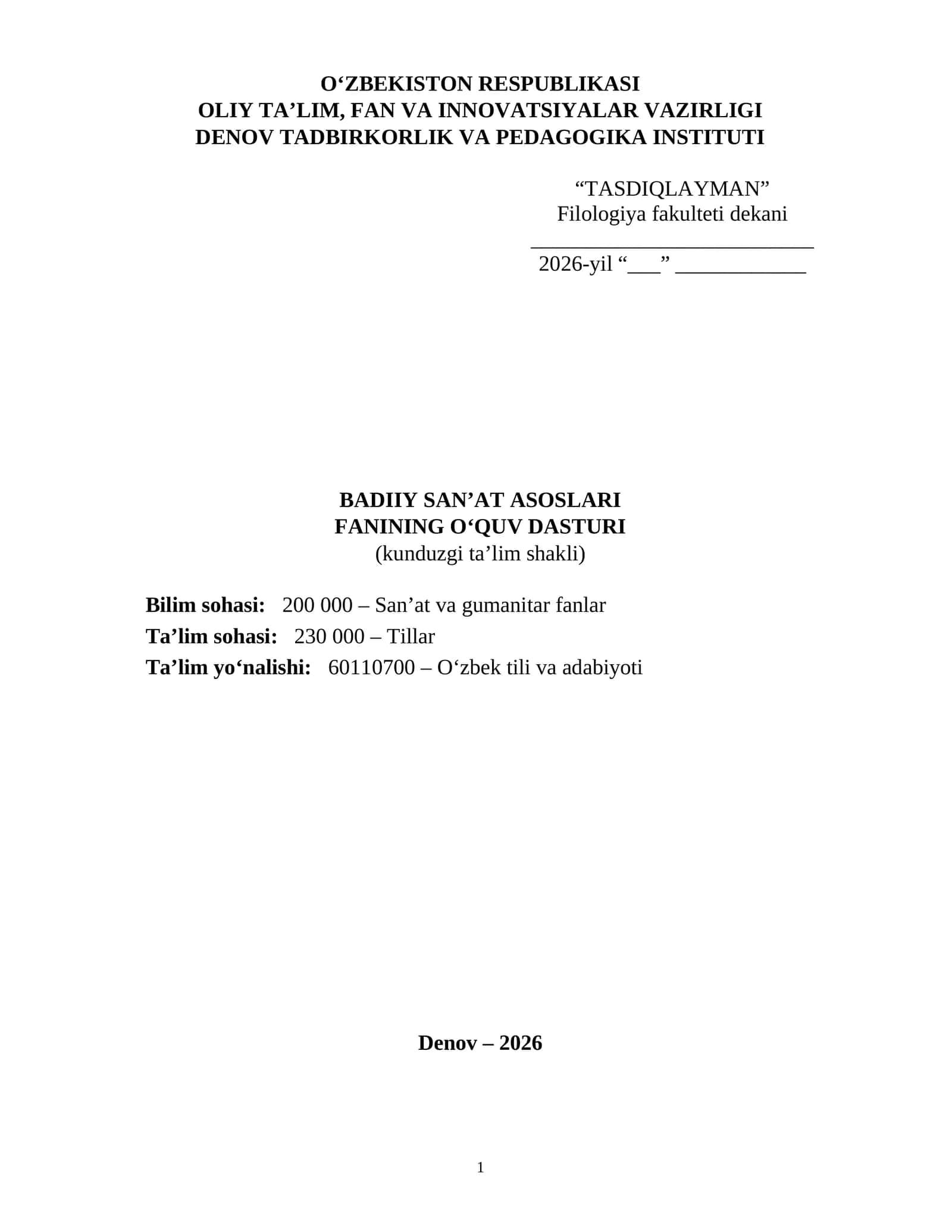 Badiiy san’at asoslari fanidan o‘quv dasturi 1