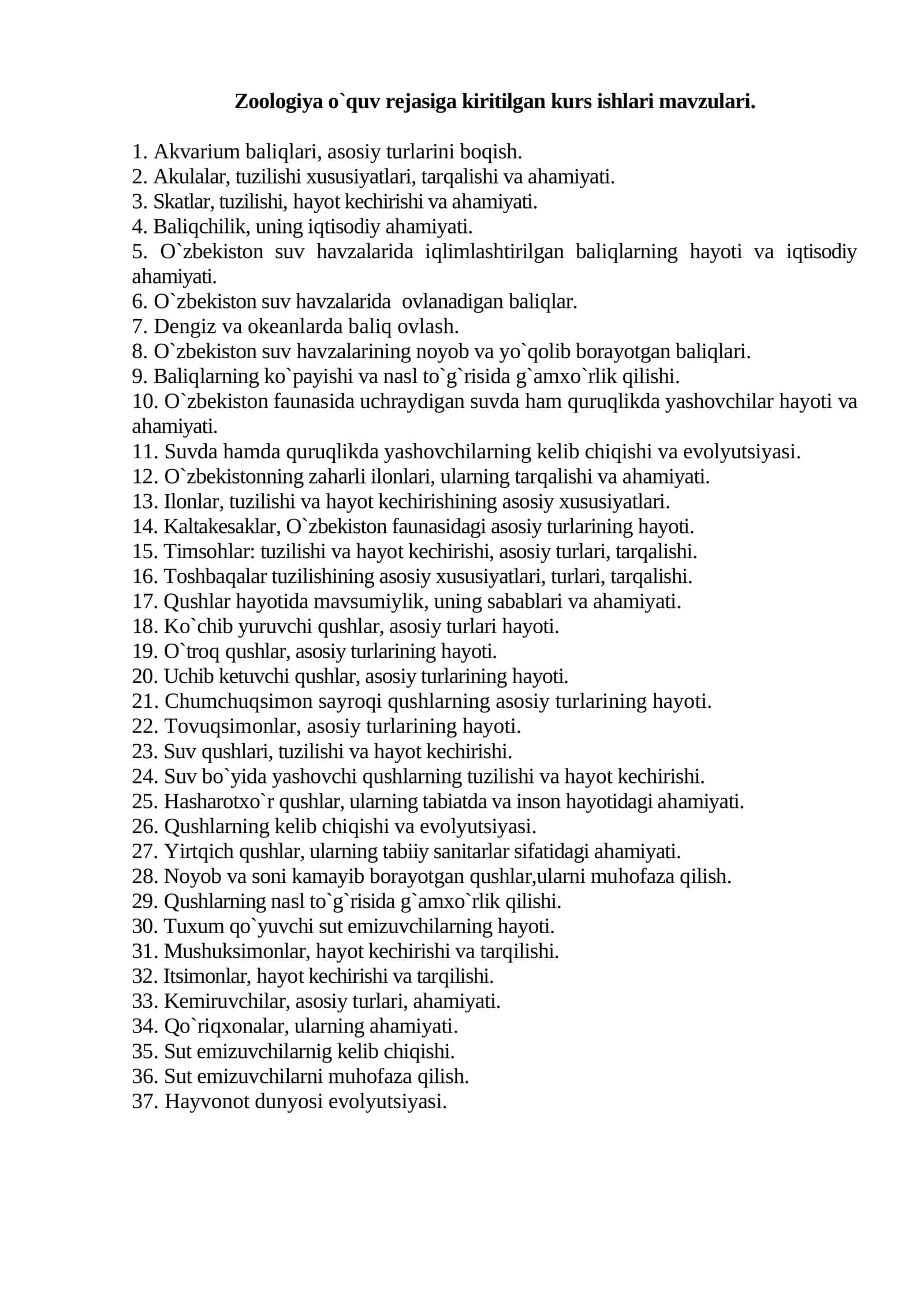 Zoologiya o`quv rejasiga kiritilgan kurs ishlari mavzulari 1