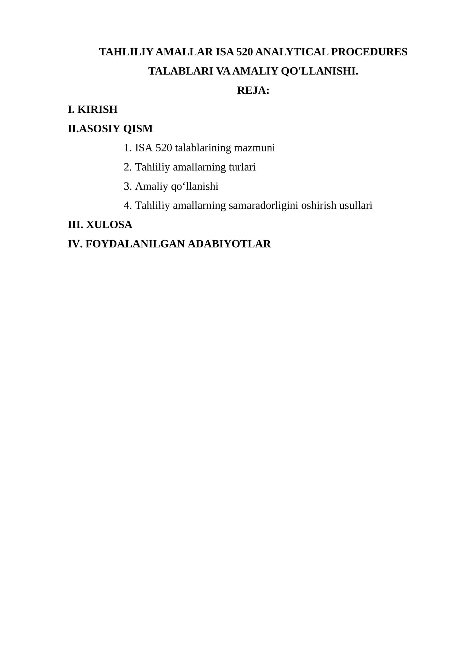 TAHLILIY AMALLAR ISA 520 ANALYTICAL PROCEDURES TALABLARI VA AMALIY QO'LLANISHI 1