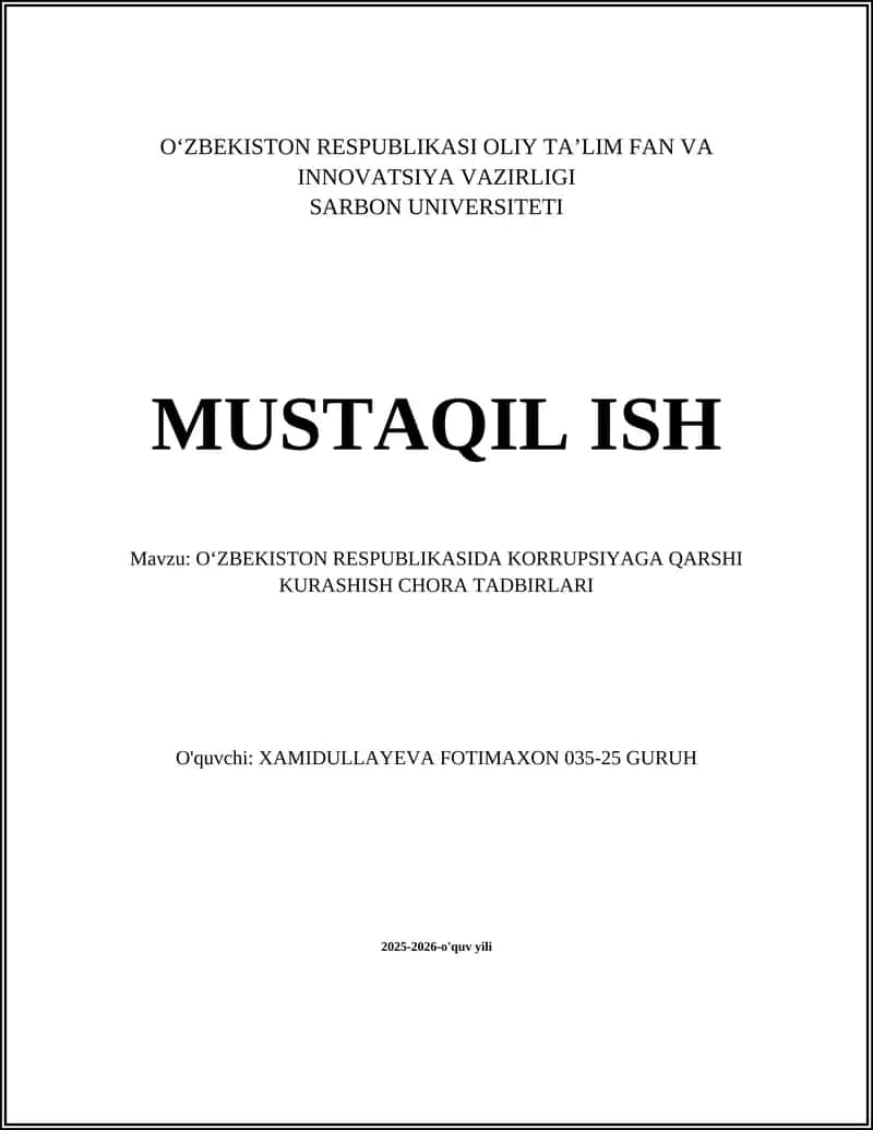 OʻZBEKISTON RESPUBLIKASIDA KORRUPSIYAGA QARSHI KURASHISH CHORA TADBIRLARI 1