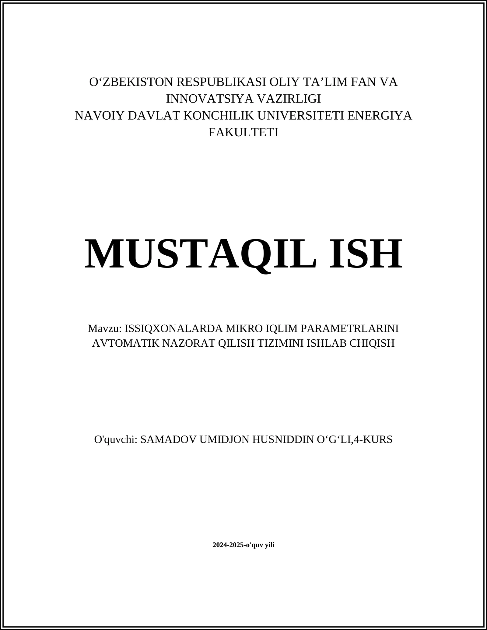 ISSIQXONALARDA MIKRO IQLIM PARAMETRLARINI AVTOMATIK NAZORAT QILISH TIZIMINI ISHLAB CHIQISH 1