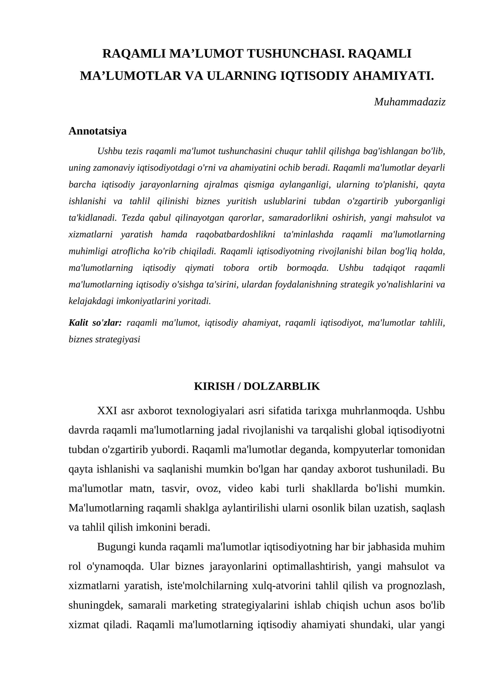 RAQAMLI MA’LUMOT TUSHUNCHASI. RAQAMLI MA’LUMOTLAR VA ULARNING IQTISODIY AHAMIYATI 1