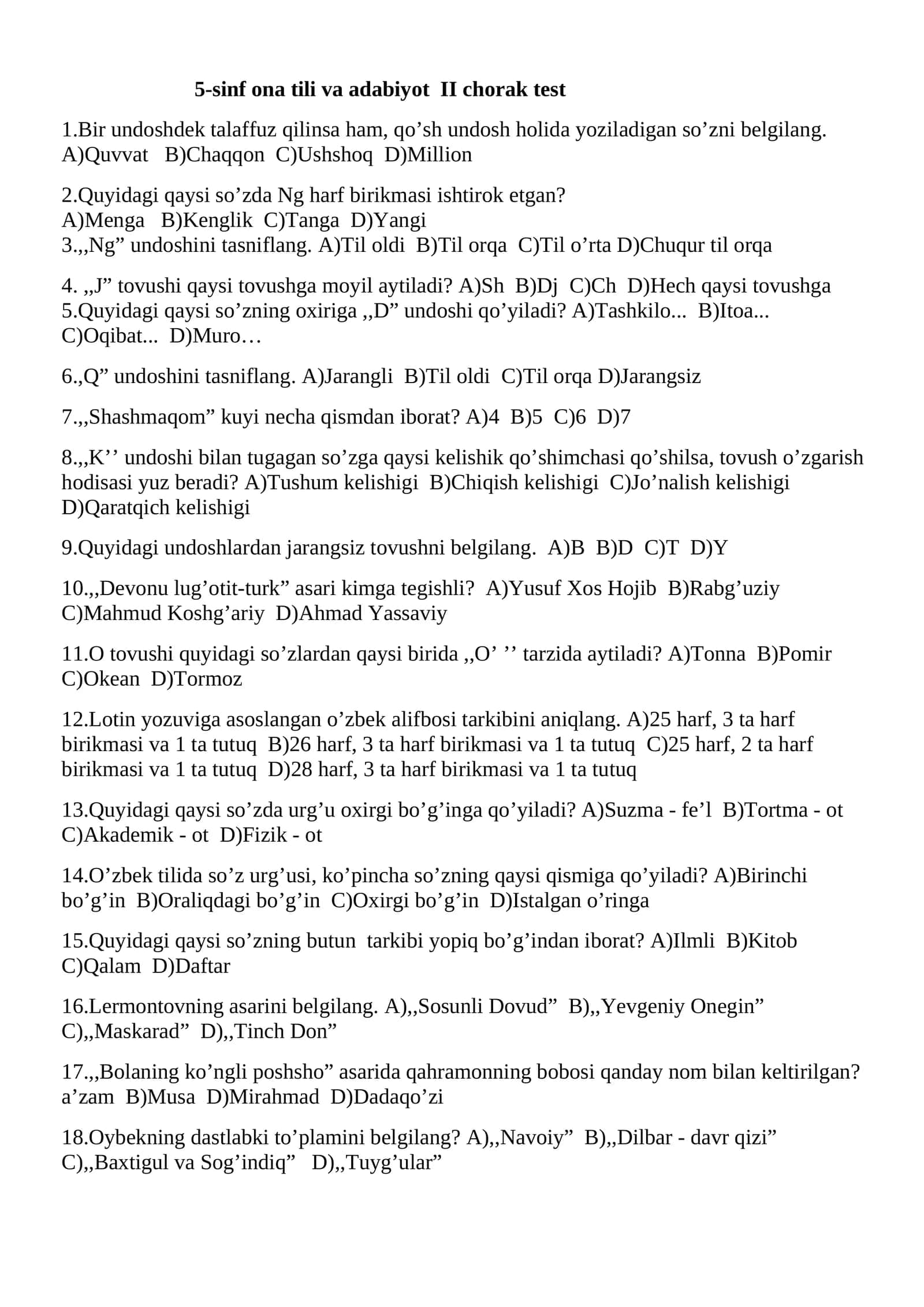 5-sinf ona tili va adabiyot II chorak test 1