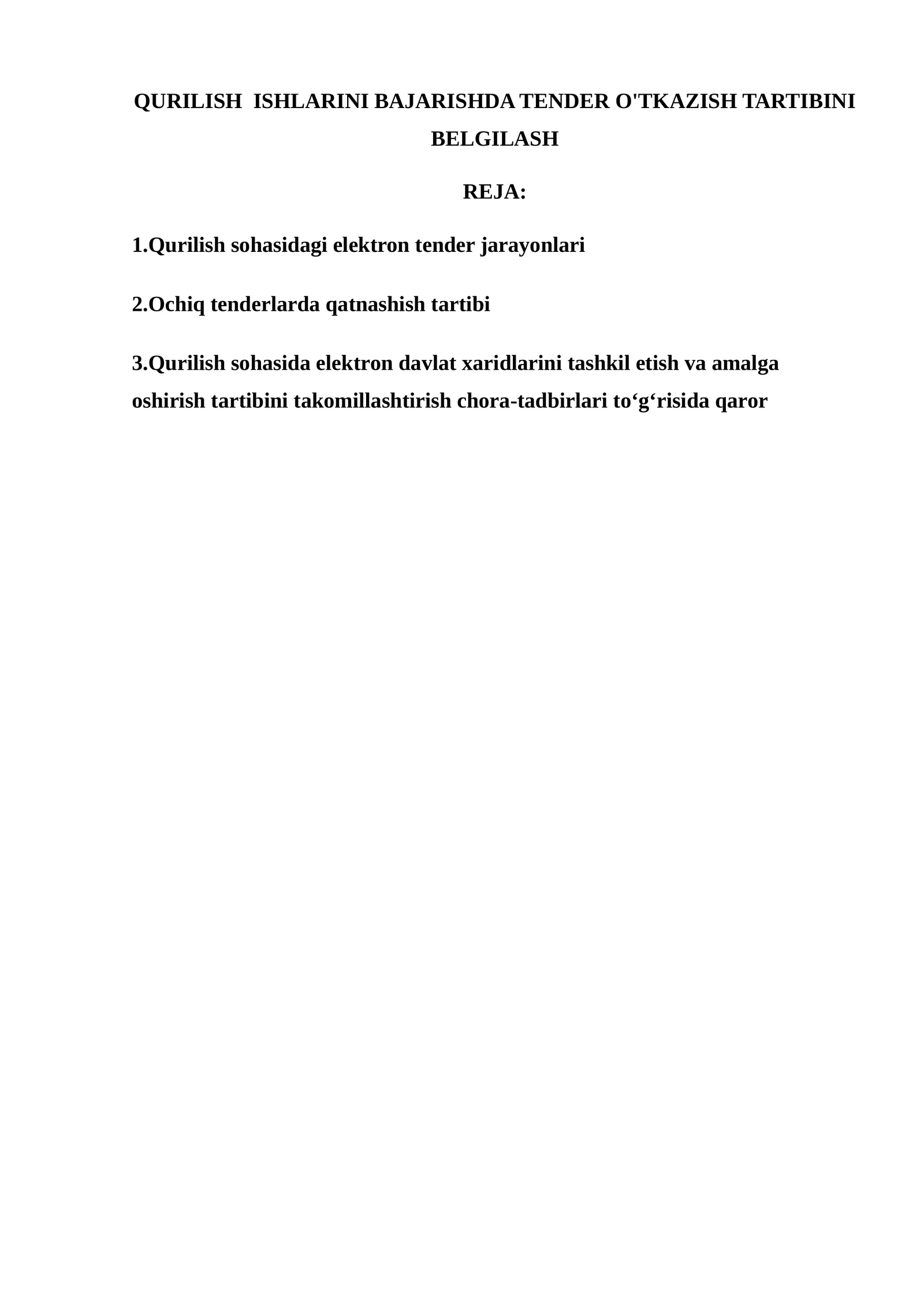 QURILISH  ISHLARINI BAJARISHDA TENDER O'TKAZISH TARTIBINI BELGILASH 1