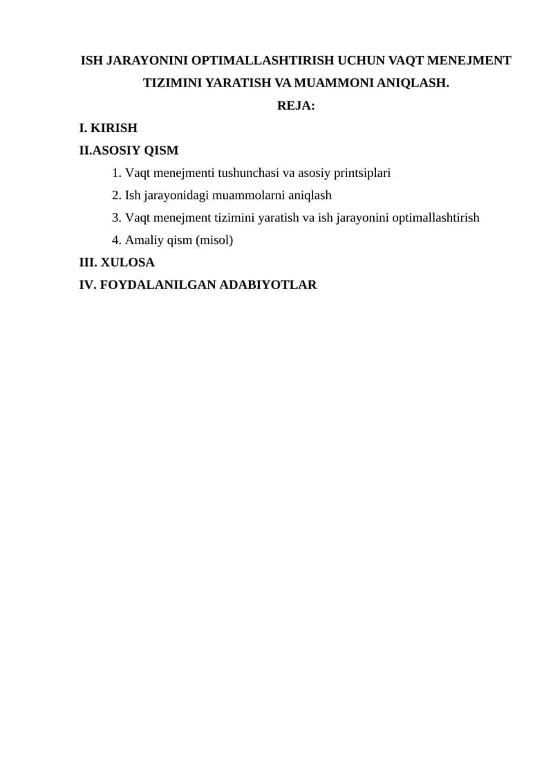 ISH JARAYONINI OPTIMALLASHTIRISH UCHUN VAQT MENEJMENT TIZIMINI YARATISH VA MUAMMONI ANIQLASH 1