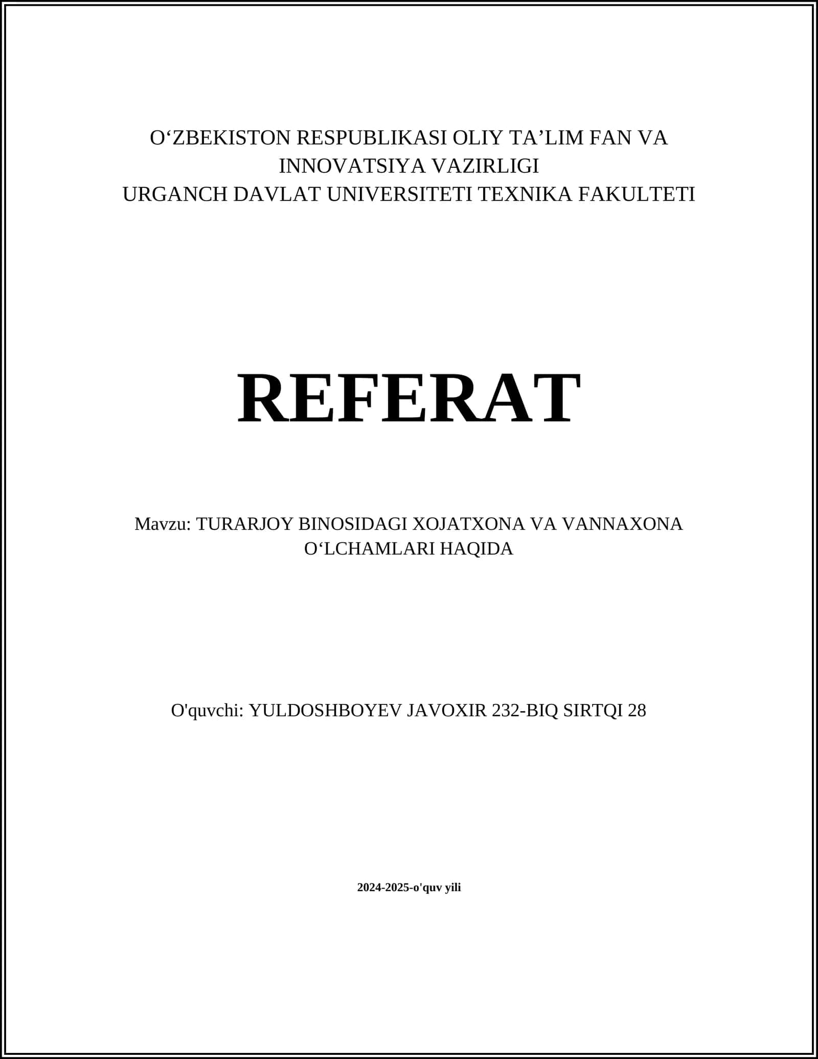 TURARJOY BINOSIDAGI XOJATXONA VA VANNAXONA OʻLCHAMLARI HAQIDA 1