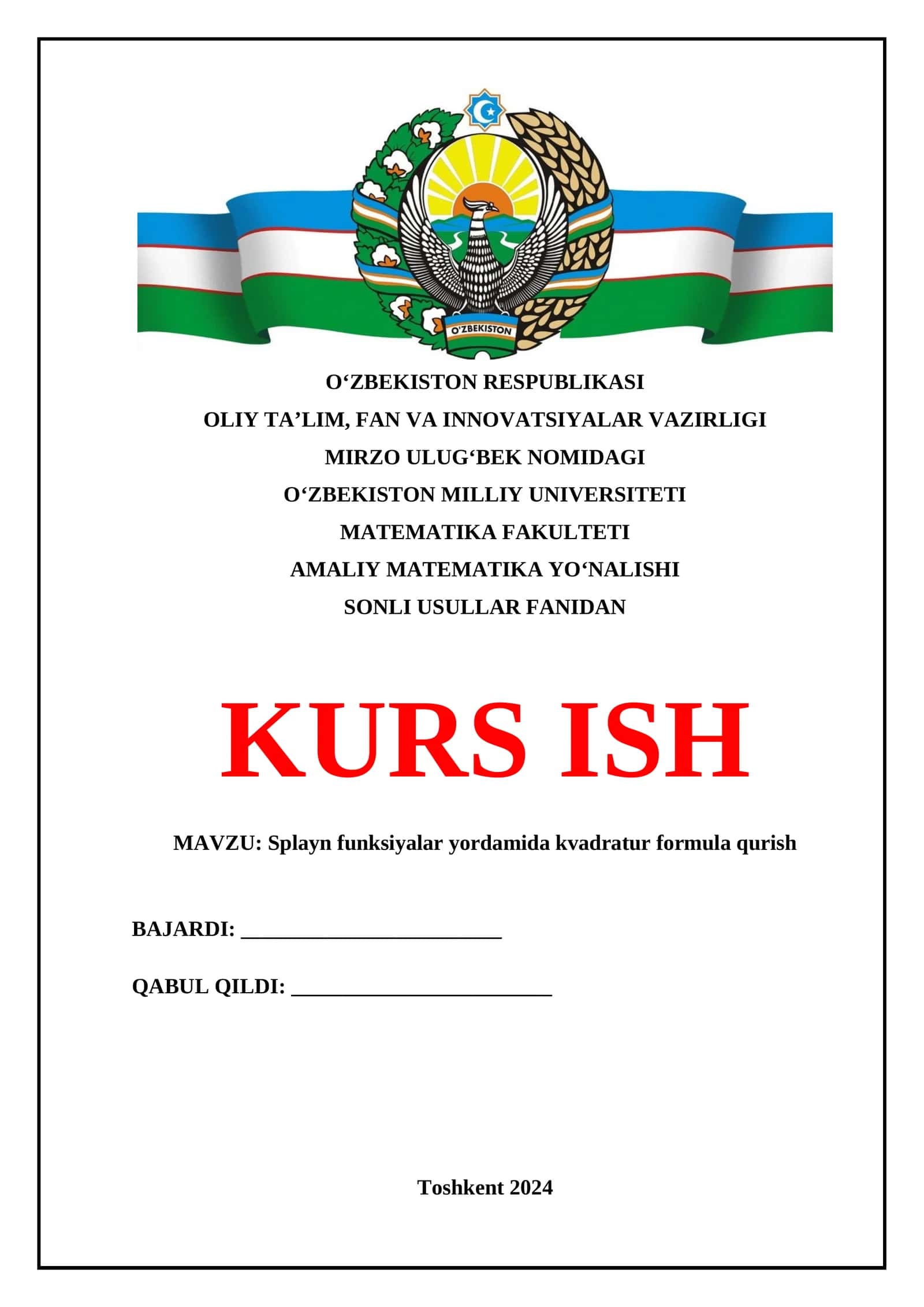 Splayn funksiyalar yordamida kvadratur formula qurish 1