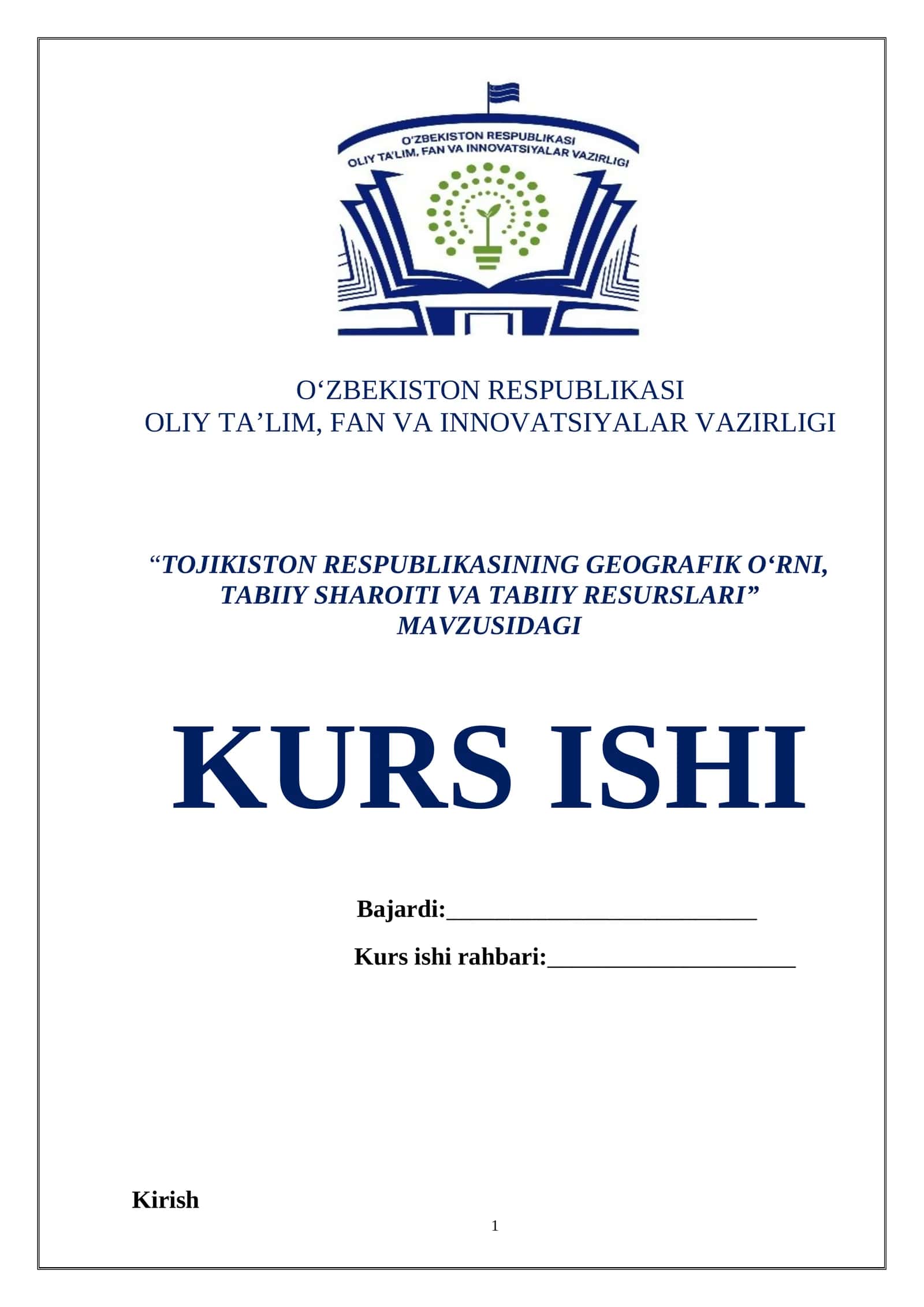 TOJIKISTON RESPUBLIKASINING GEOGRAFIK O‘RNI, TABIIY SHAROITI VA TABIIY RESURSLARI 1