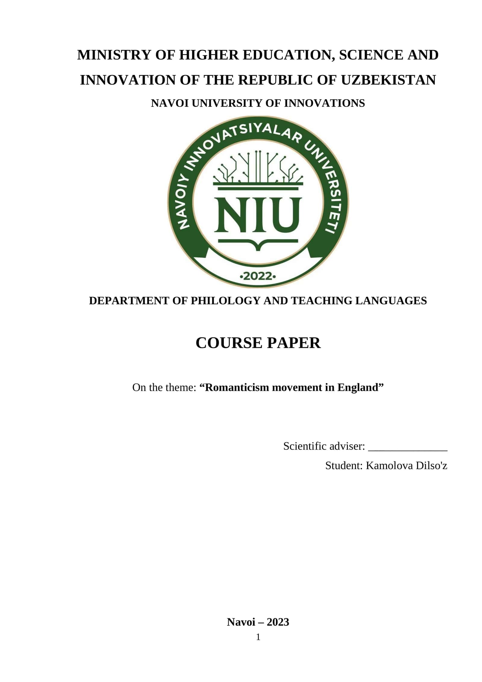 Course Paper on Romanticism Movement in England 1