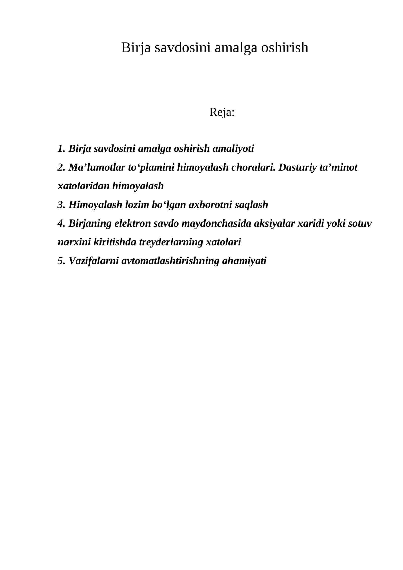 Birja savdosini amalga oshirish amaliyoti 1