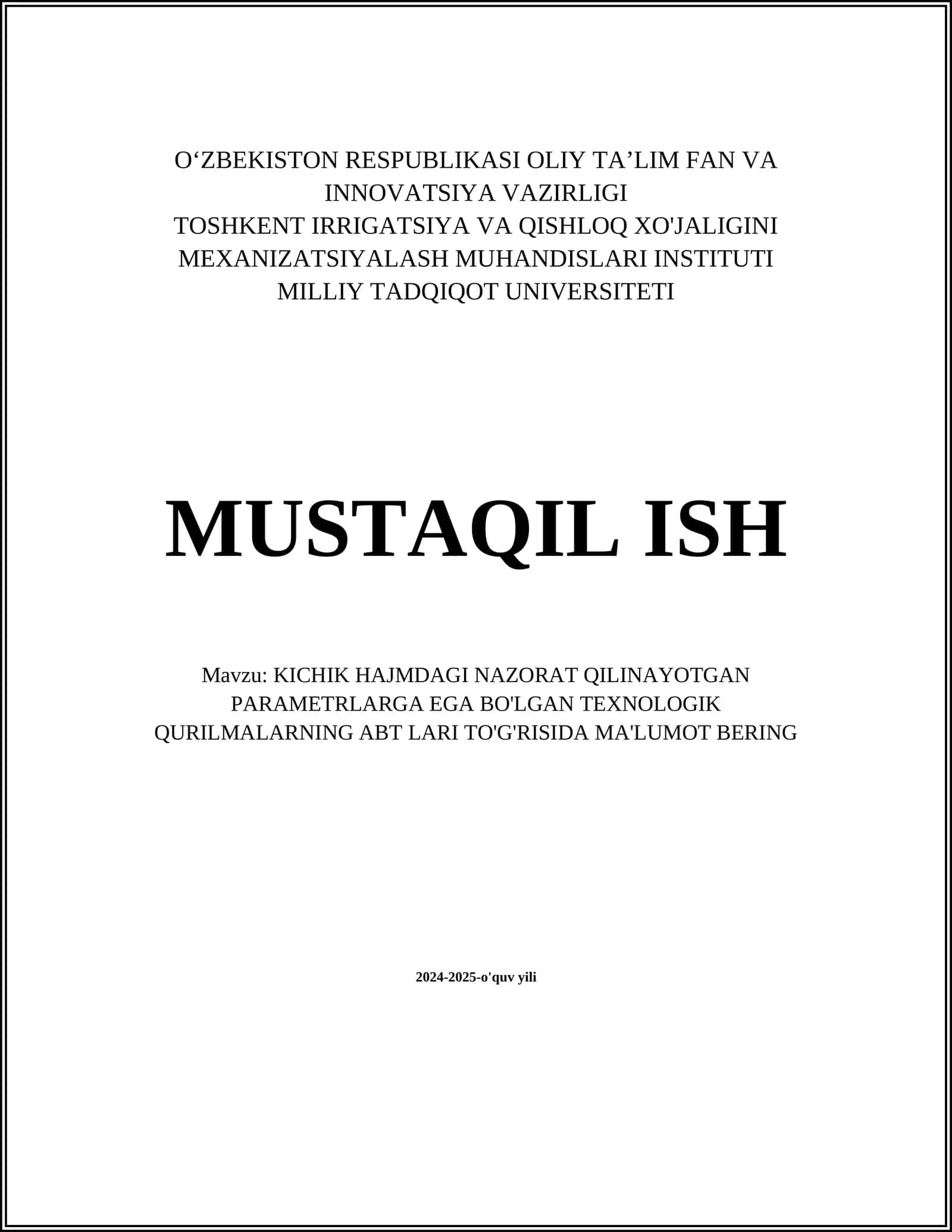 KICHIK HAJMDAGI NAZORAT QILINAYOTGAN PARAMETRLARGA EGA BO'LGAN TEXNOLOGIK QURILMALARNING ABT LARI 1