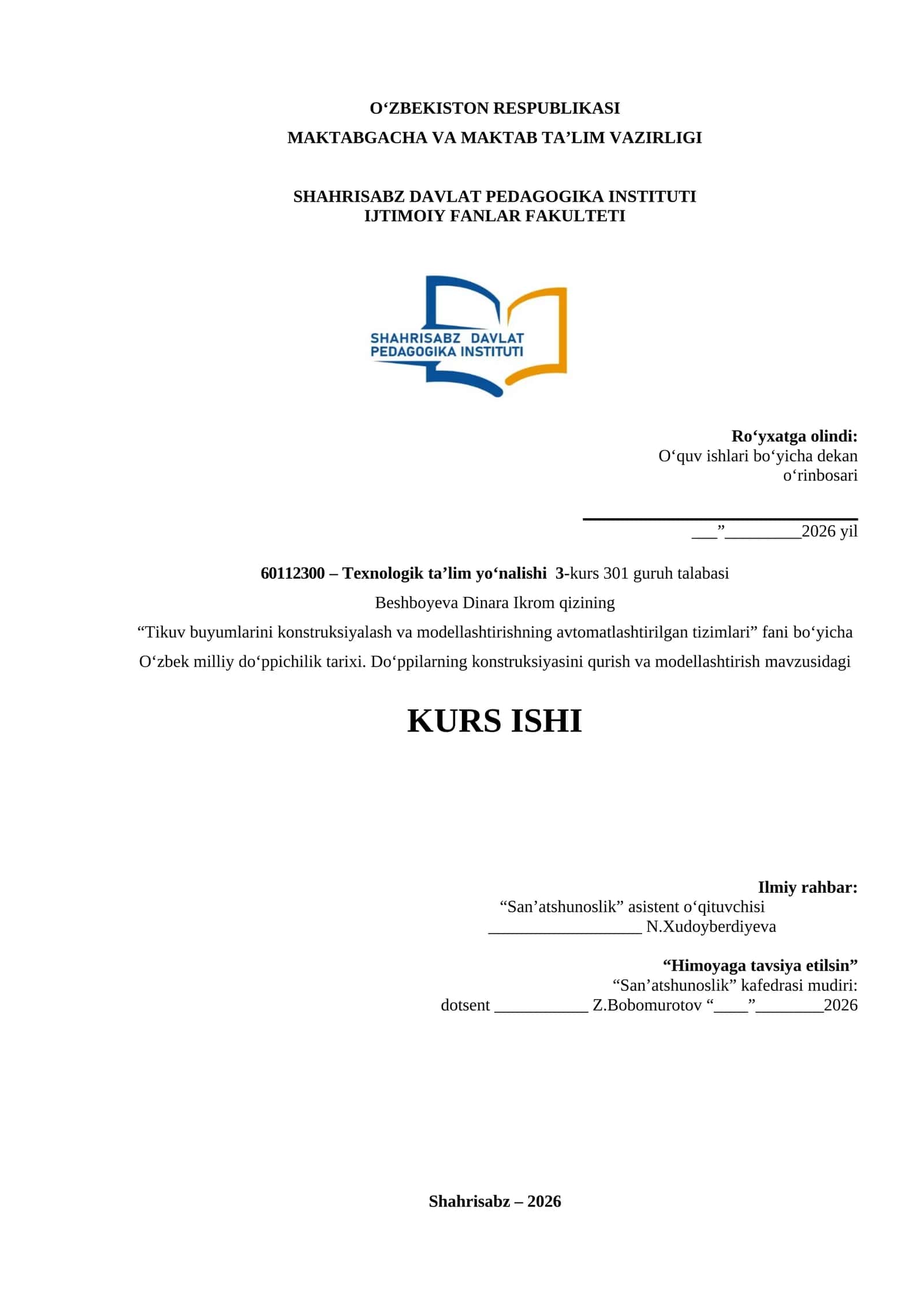 Do‘ppilarning konstruksiyasini qurish va modellashtirish mavzusidagi KURS ISHI 1