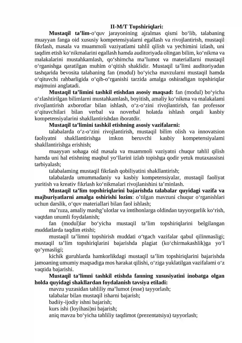 II-M/T Topshiriqlari