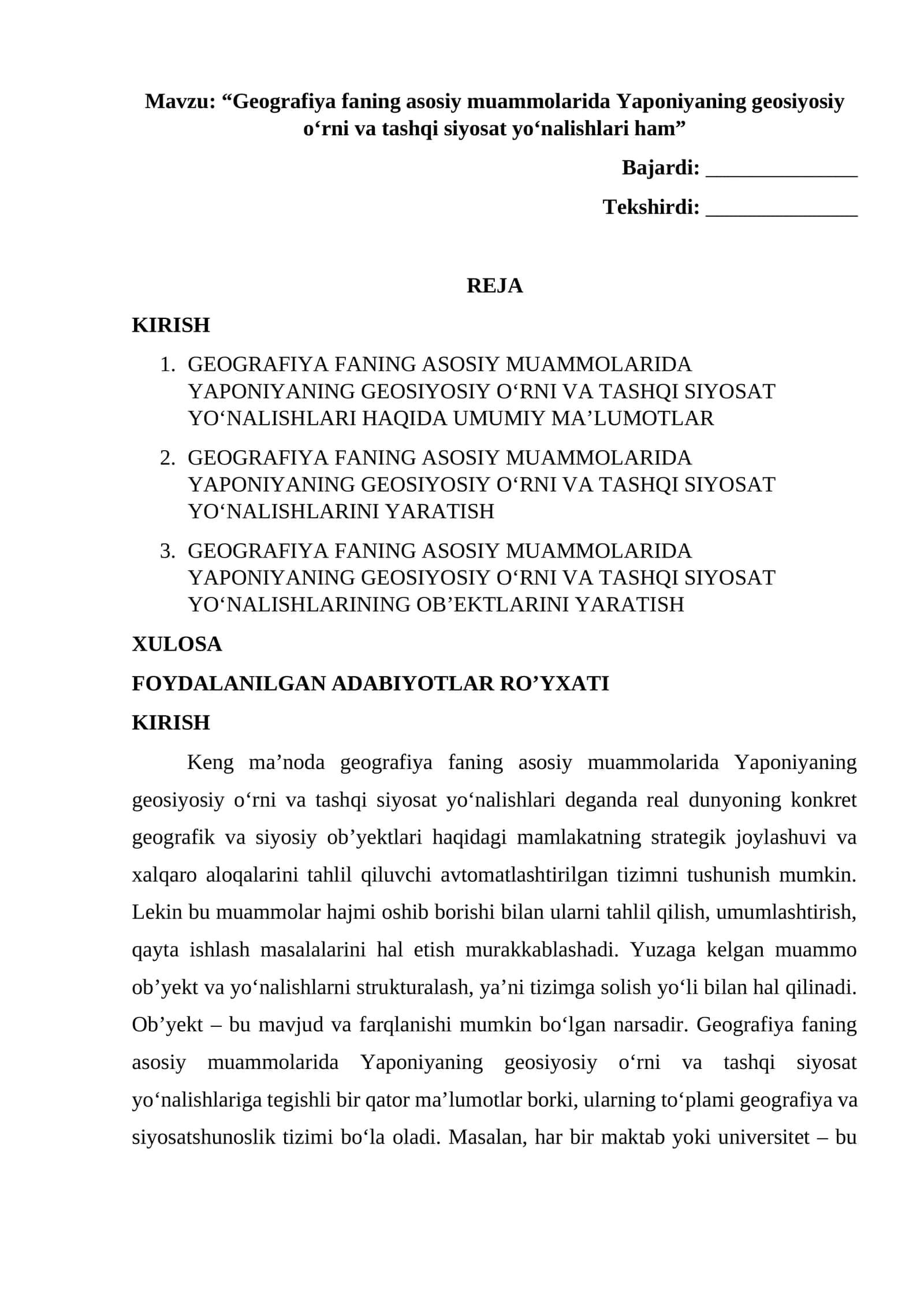 GEOGRAFIYA FANING ASOSIY MUAMMOLARIDA YAPONIYANING GEOSIYOSIY O‘RNI VA TASHQI SIYOSAT YO‘NALISHLARI 1