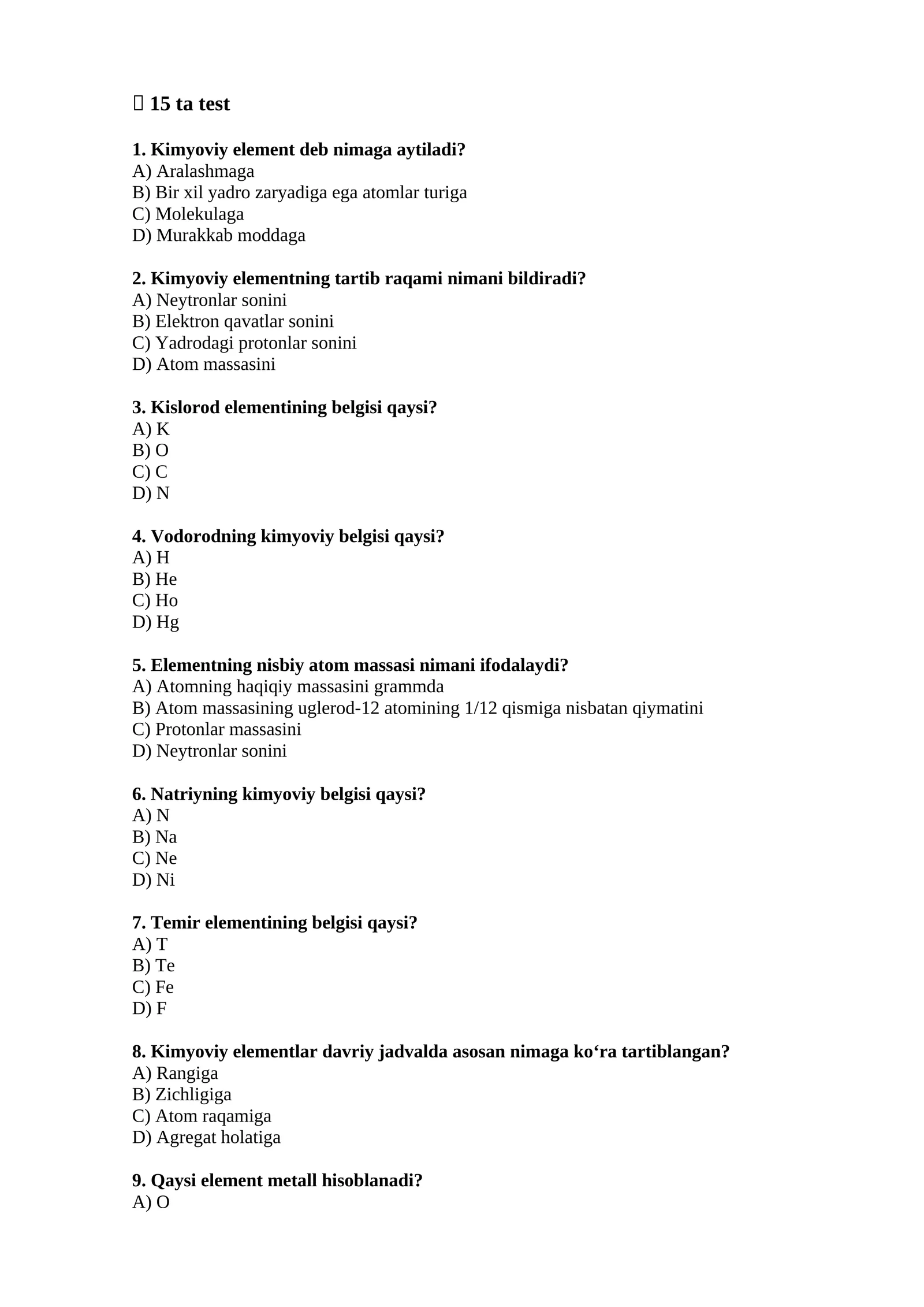 Kimyoviy Elementlar Test Savoli 1