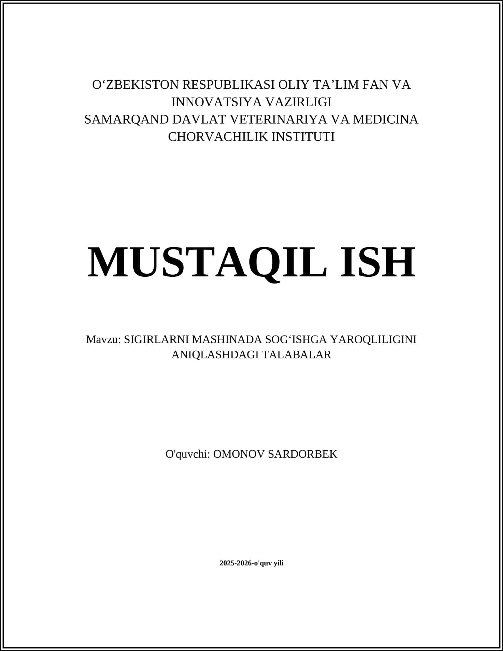 SIGIRLARNI MASHINADA SOGʻISHGA YAROQLILIGINI ANIQLASHDAGI TALABALAR 1