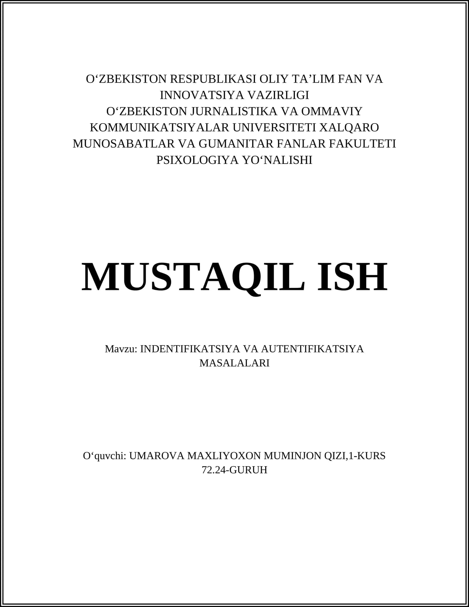 INDENTIFIKATSIYA VA AUTENTIFIKATSIYA MASALALARI 1