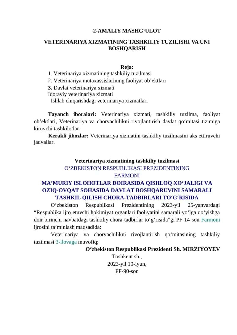 Veterinariya va chorvachilikni rivojlantirish qo‘mitasining TASHKILIY TUZILMASI 1