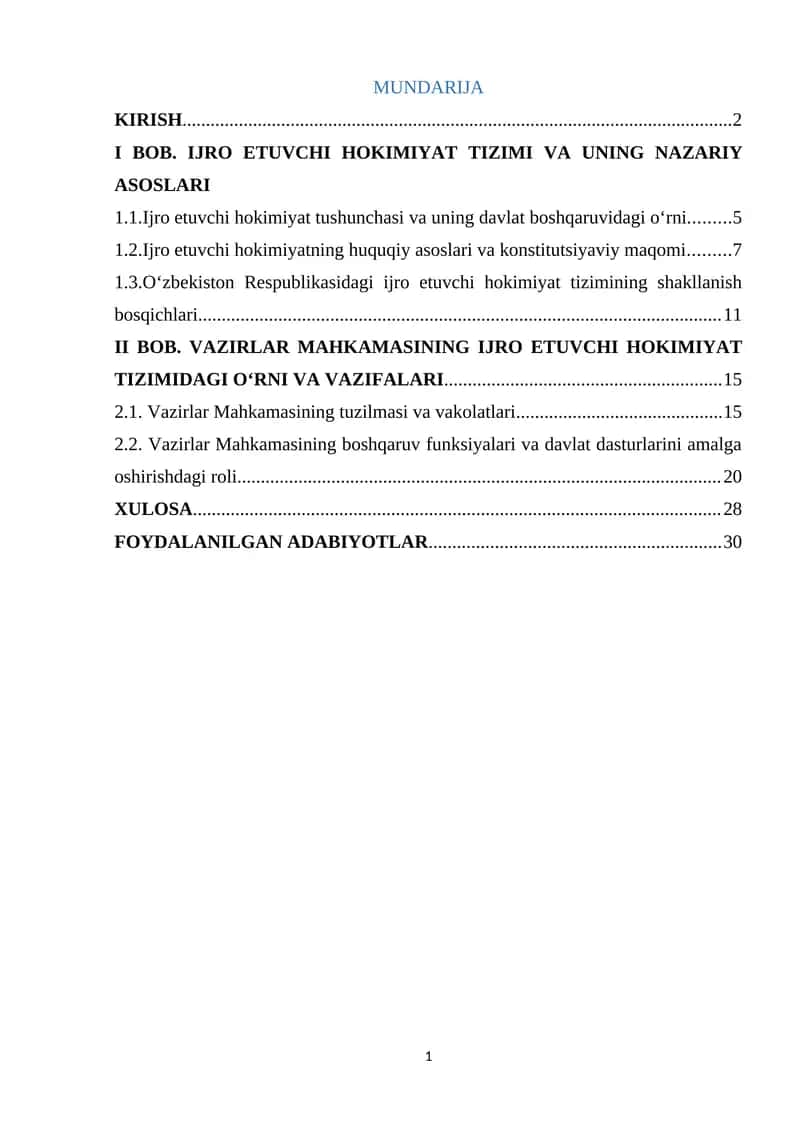 Vazirlar mahkamasining ijro etuvchi hokimyat tizimidagi roli 1