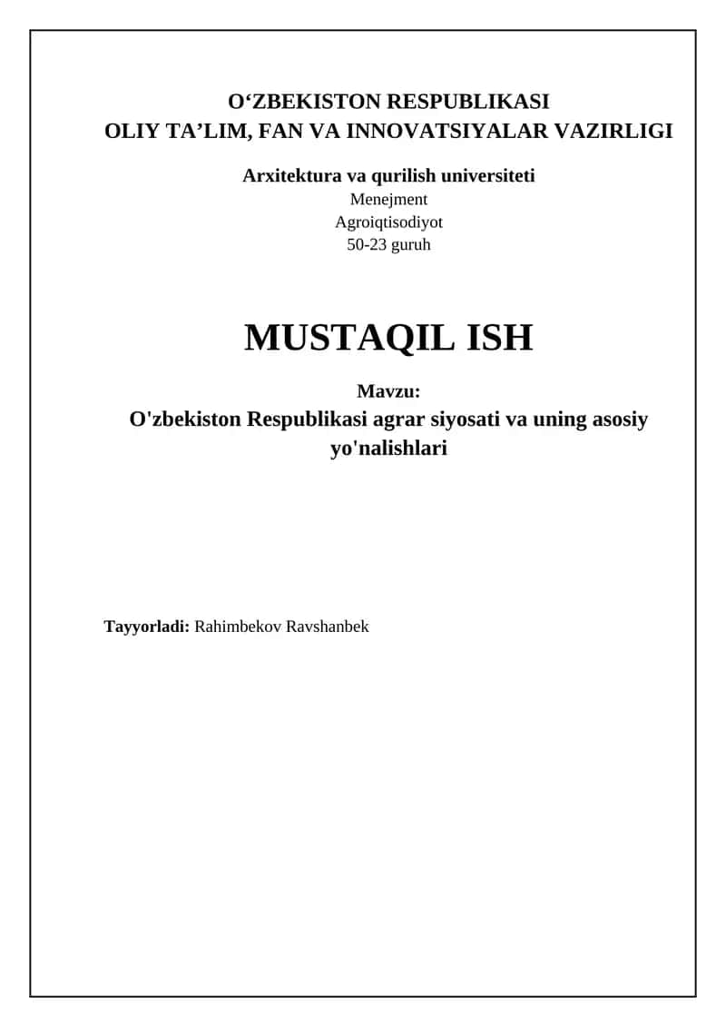 O'zbekiston Respublikasi agrar siyosati va uning asosiy yo'nalishlari 1