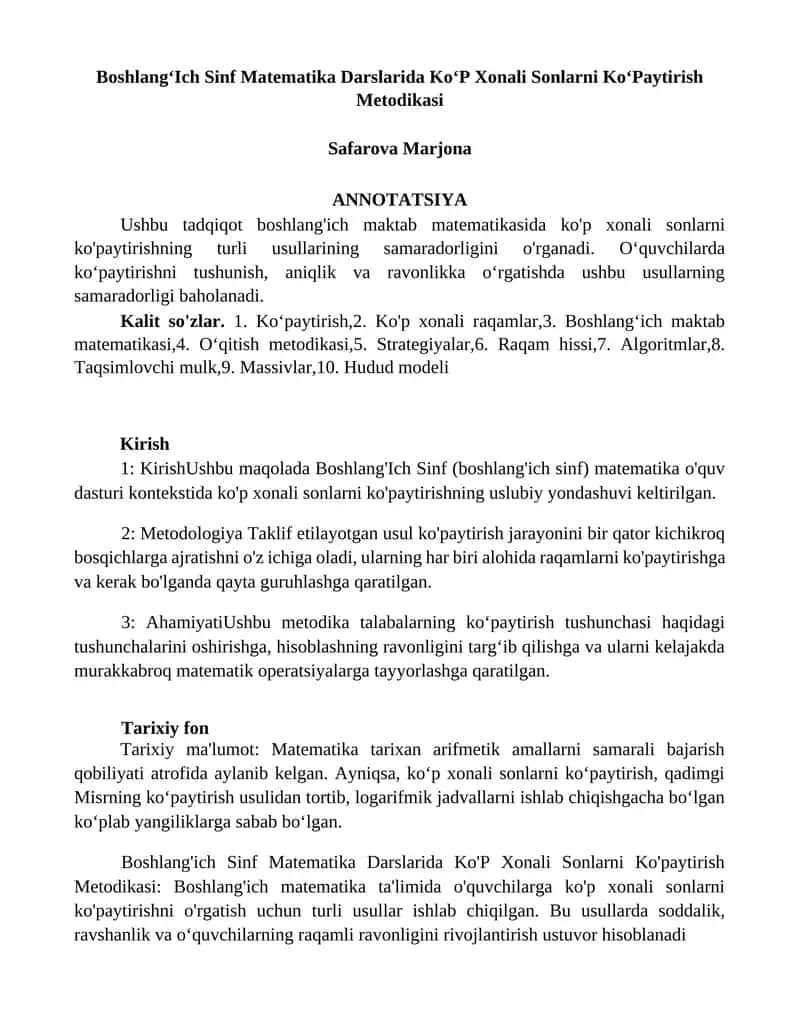 Boshlang‘Ich Sinf Matematika Darslarida Ko‘P Xonali Sonlarni Ko‘Paytirish Metodikasi 1