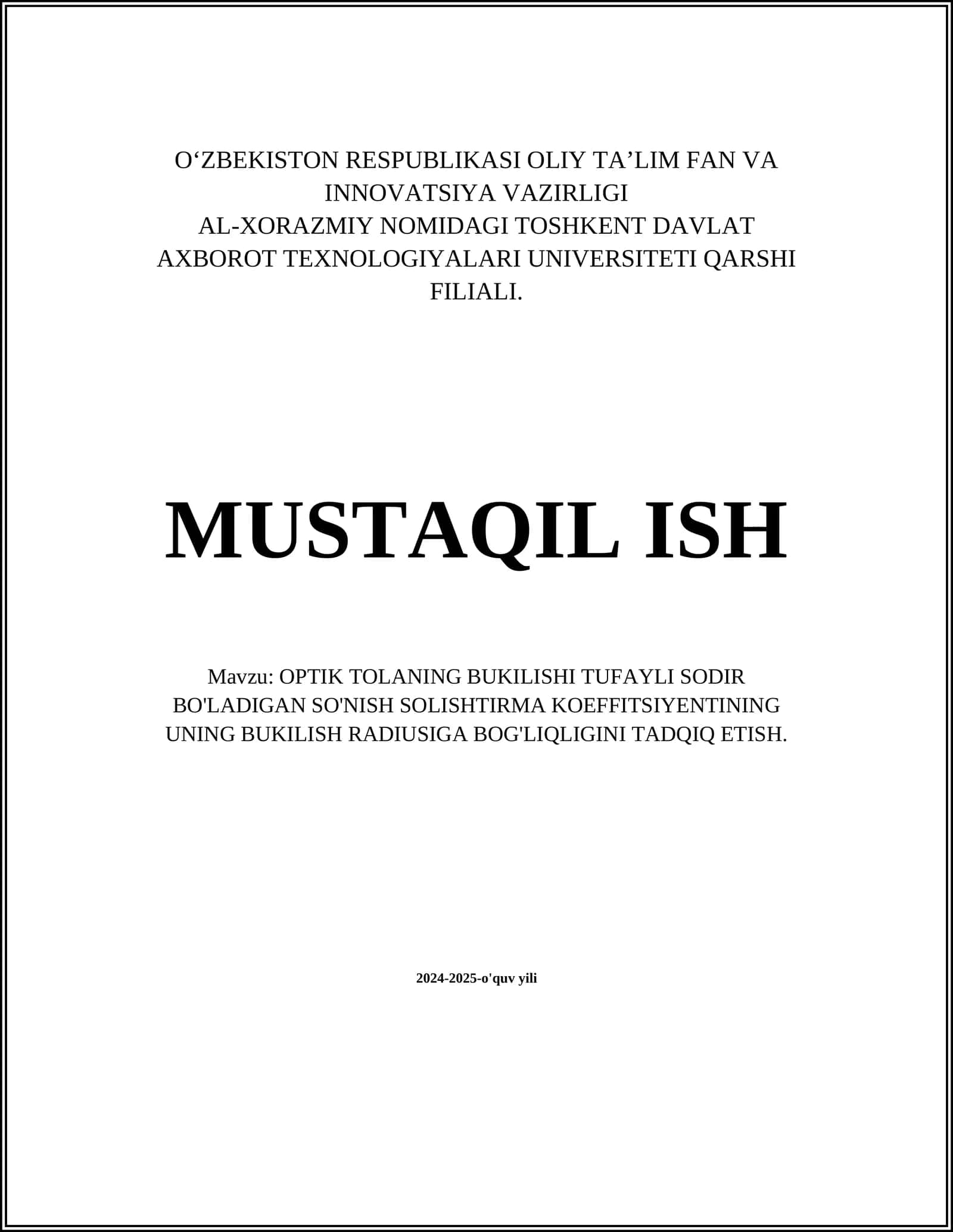 OPTIK TOLANING BUKILISHI TUFAYLI SODIR BO'LADIGAN SO'NISH SOLISHTIRMA KOEFFITSIYENTINING UNING BUKILISH RADIUSIGA BOG'LIQLIGINI TADQIQ ETISH 1