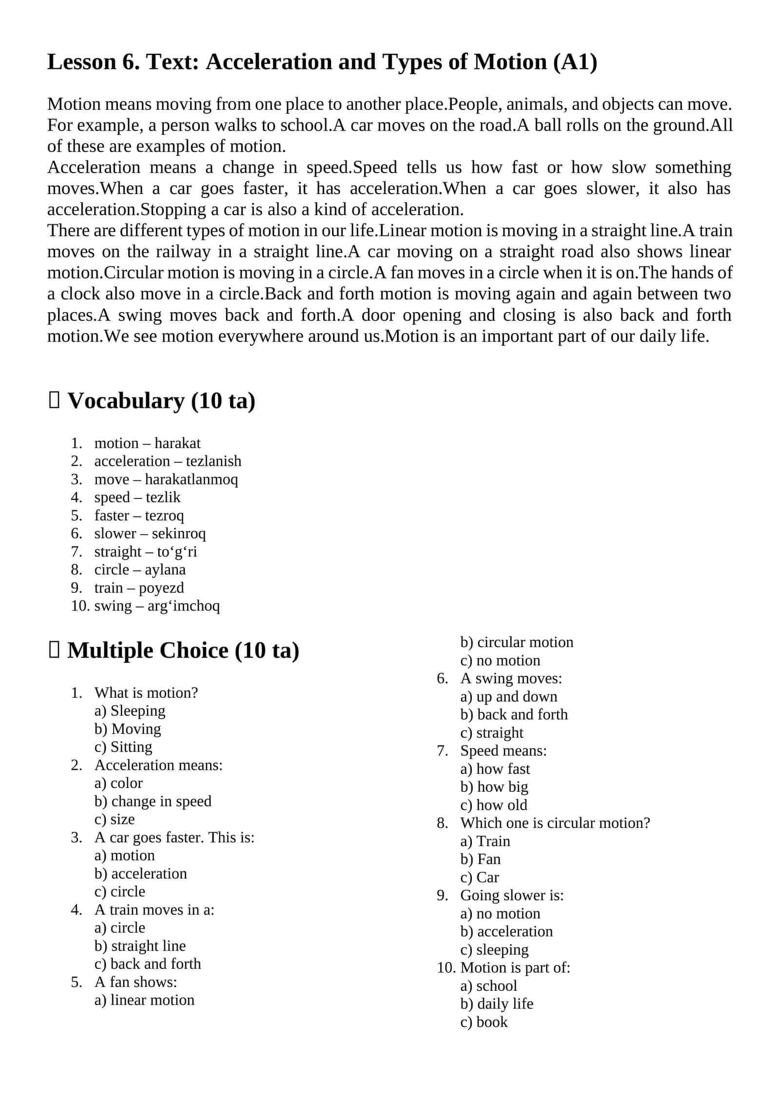 Acceleration and Types of Motion (A1) 1