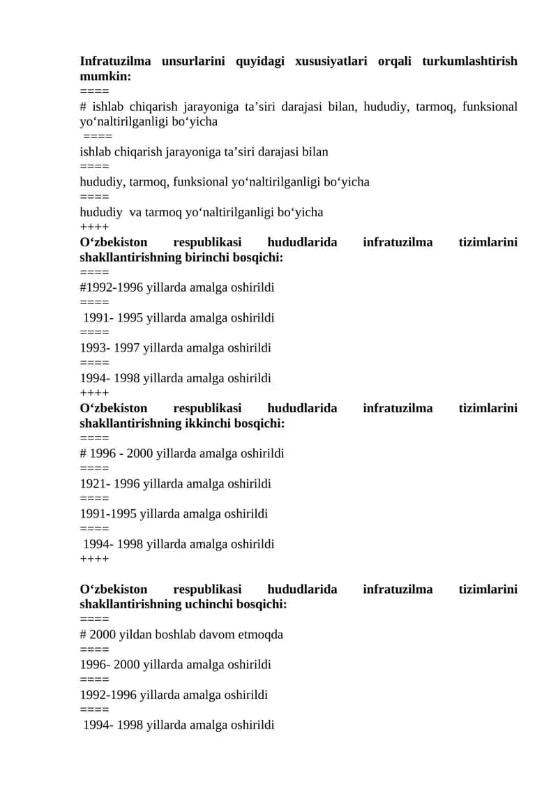 O‘zbekiston respublikasi hududlarida infratuzilma tizimlarini shakllantirish bosqichlari 1