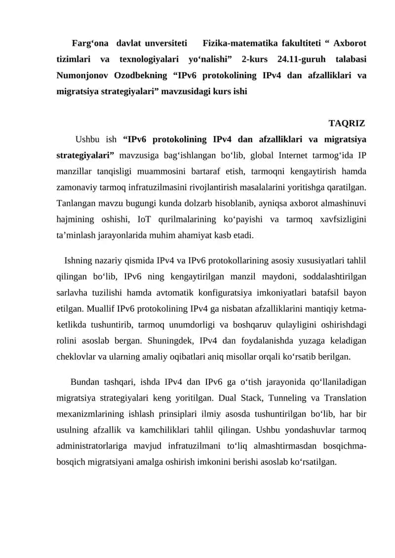"IPv6 protokolining IPv4 dan afzalliklari va migratsiya strategiyalari" kurs ishi 1