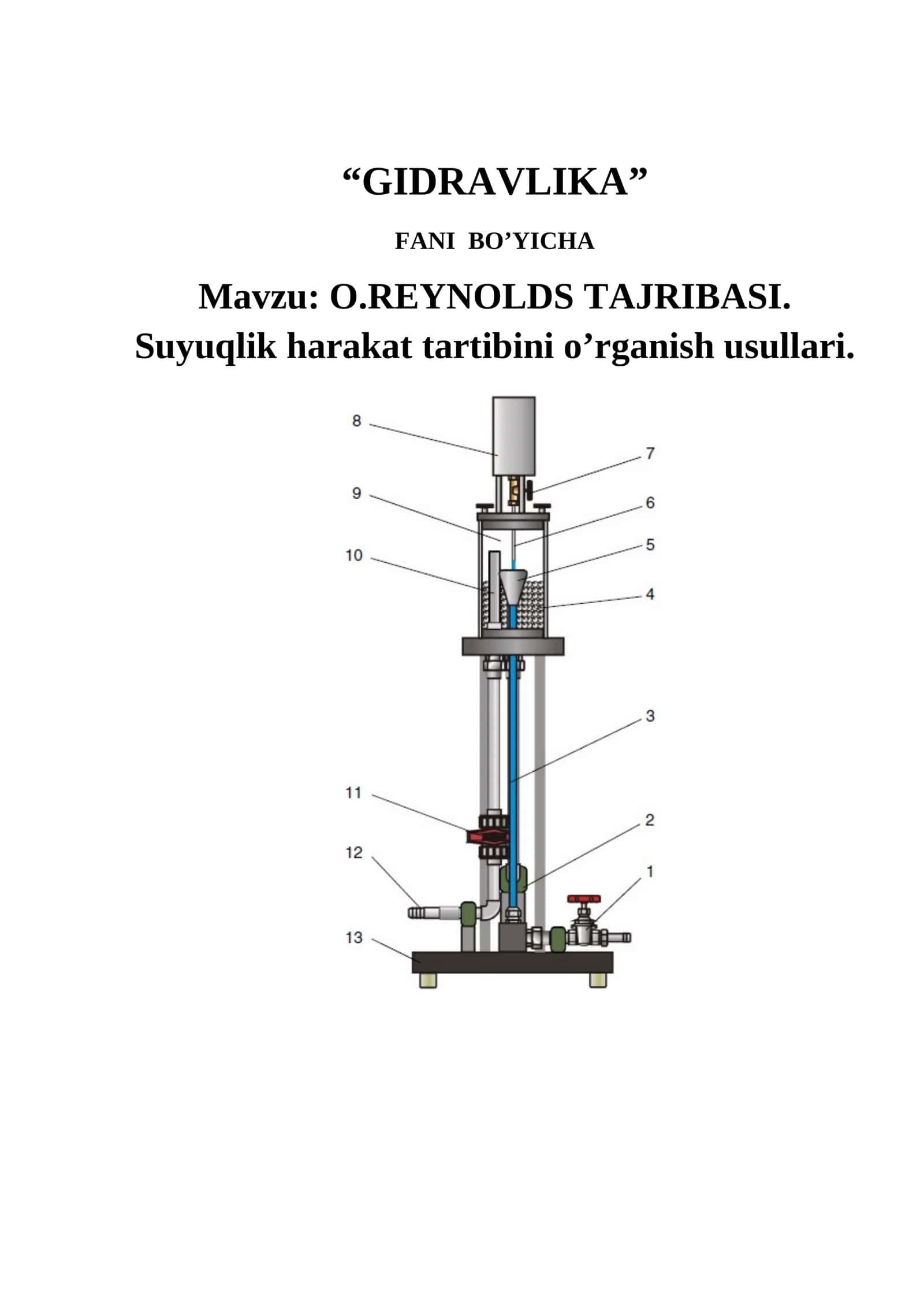REYNOLDS TAJRIBASI. Suyuqlik harakat tartibini o’rganish usullari 1