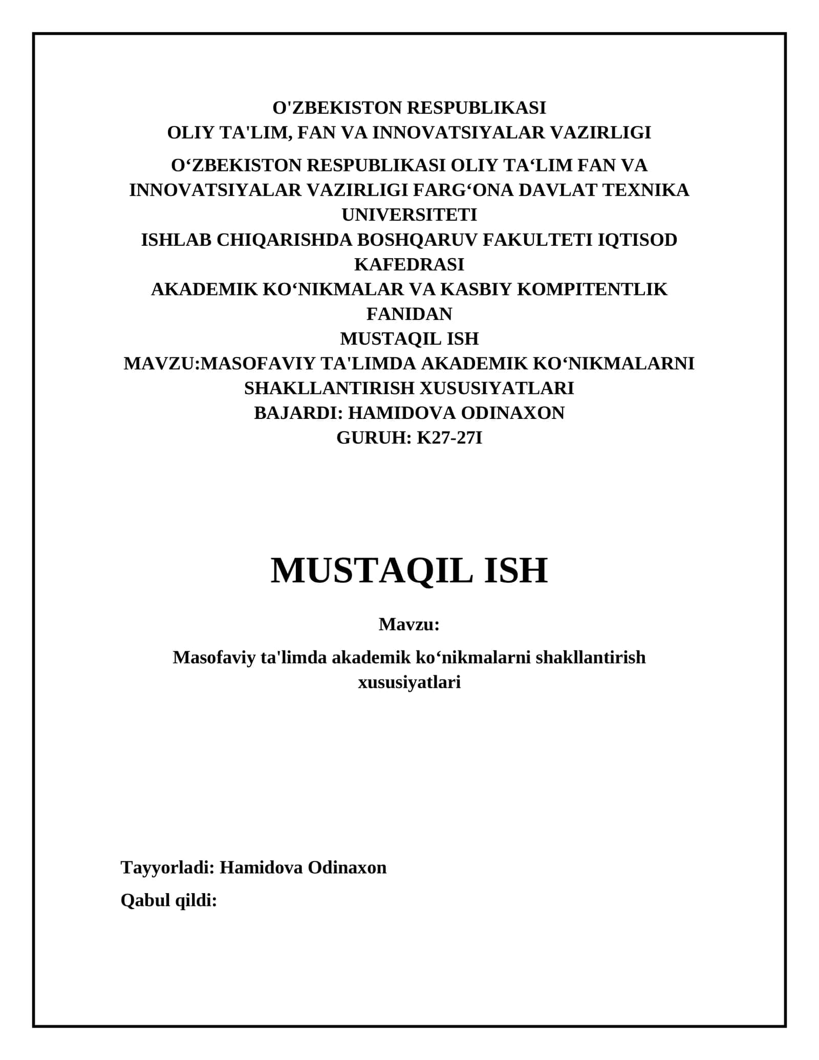 MASOFAVIY TA'LIMDA AKADEMIK KO‘NIKMALARNI SHAKLLANTIRISH XUSUSIYATLARI 1
