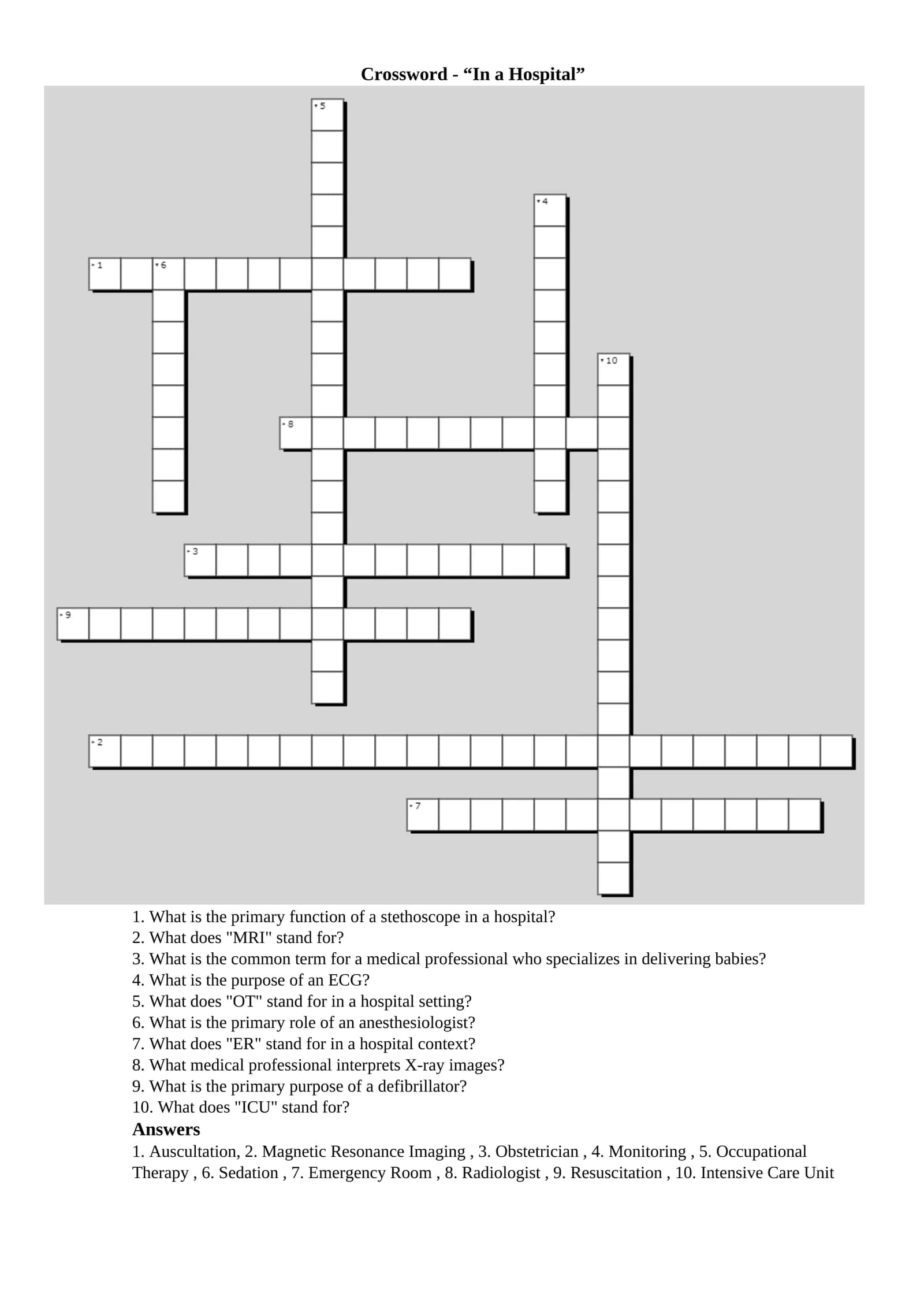 Crossword - “In a Hospital” 1