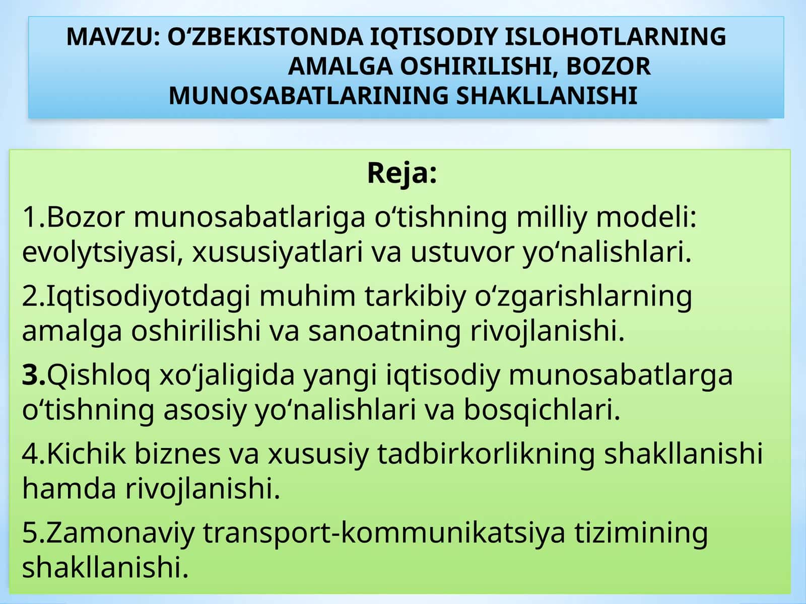 О‘ZBEKISTONDA IQTISODIY ISLOHOTLARNING AMALGA OSHIRILISHI, BOZOR MUNOSABATLARINING SHAKLLANISHI 1