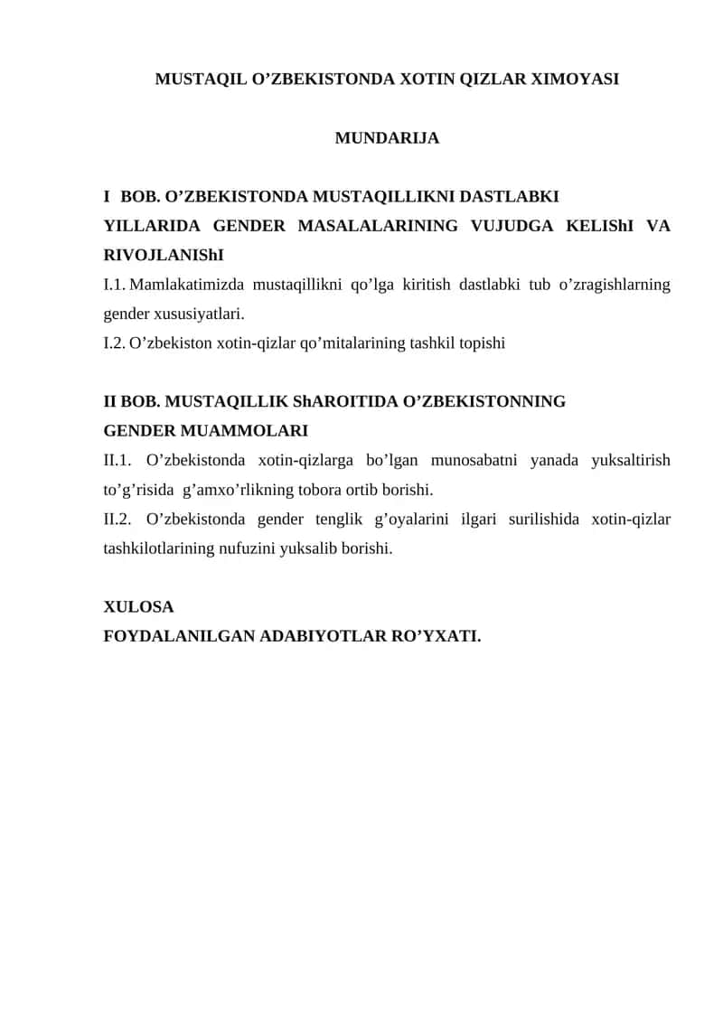 MUSTAQIL O’ZBEKISTONDA XOTIN QIZLAR XIMOYASI 1