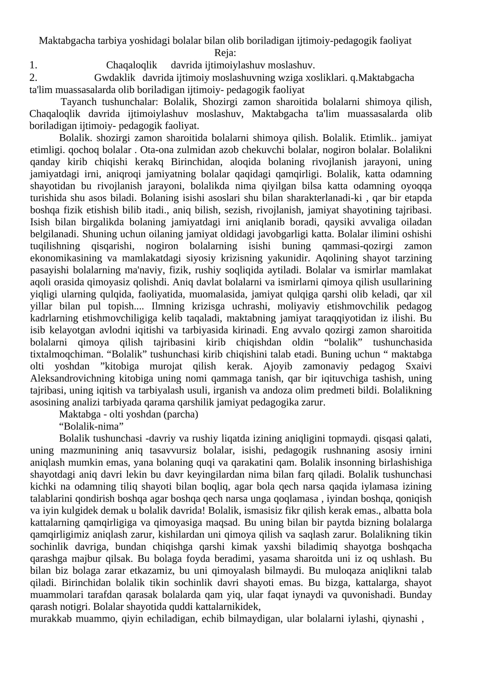 Maktabgacha tarbiya yoshidagi bolalar bilan olib boriladigan ijtimoiy-pedagogik faoliyat 1