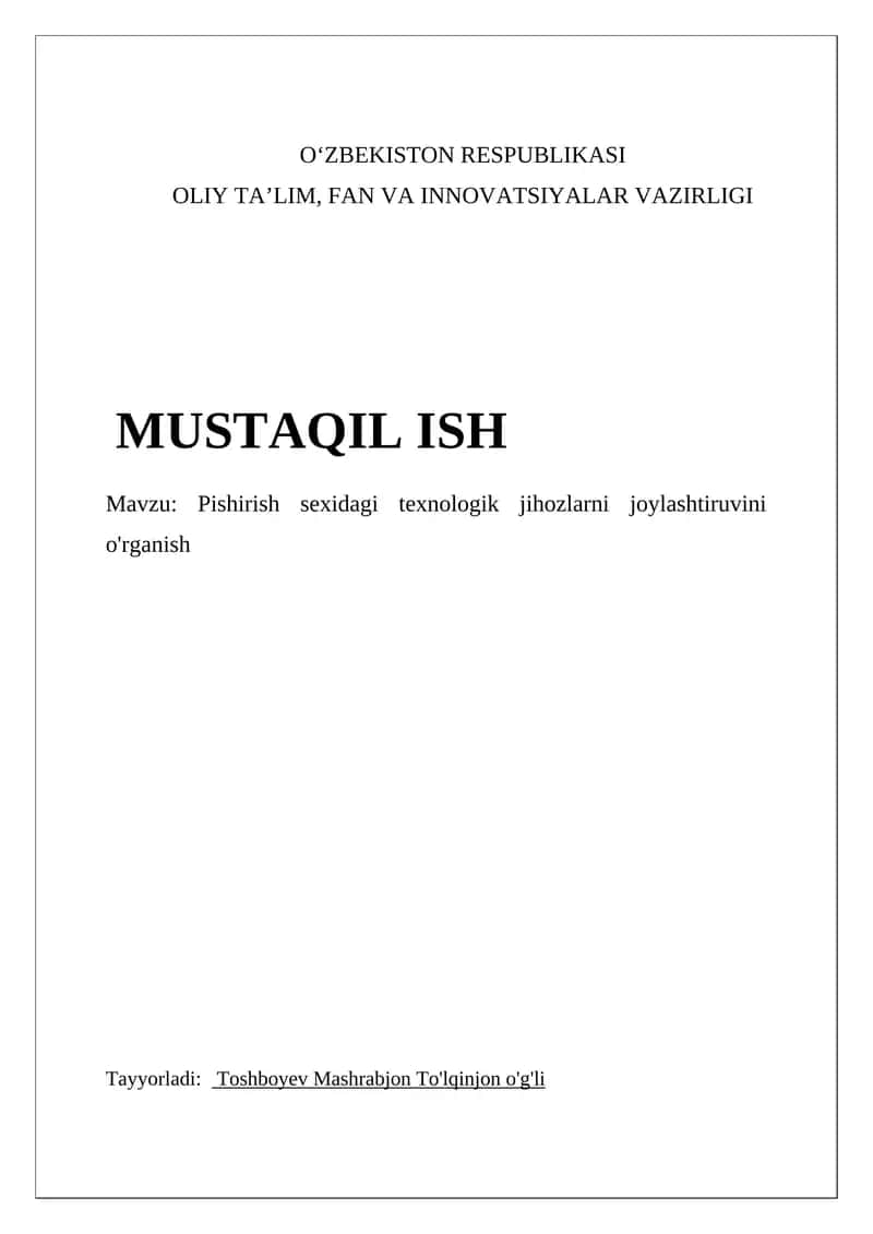 Pishirish sexidagi texnologik jihozlarni joylashtiruvini o'rganish 1