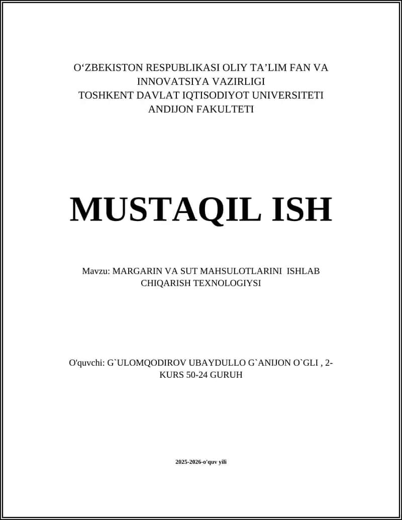 MARGARIN VA SUT MAHSULOTLARINI ISHLAB CHIQARISH TEXNOLOGIYSI 1