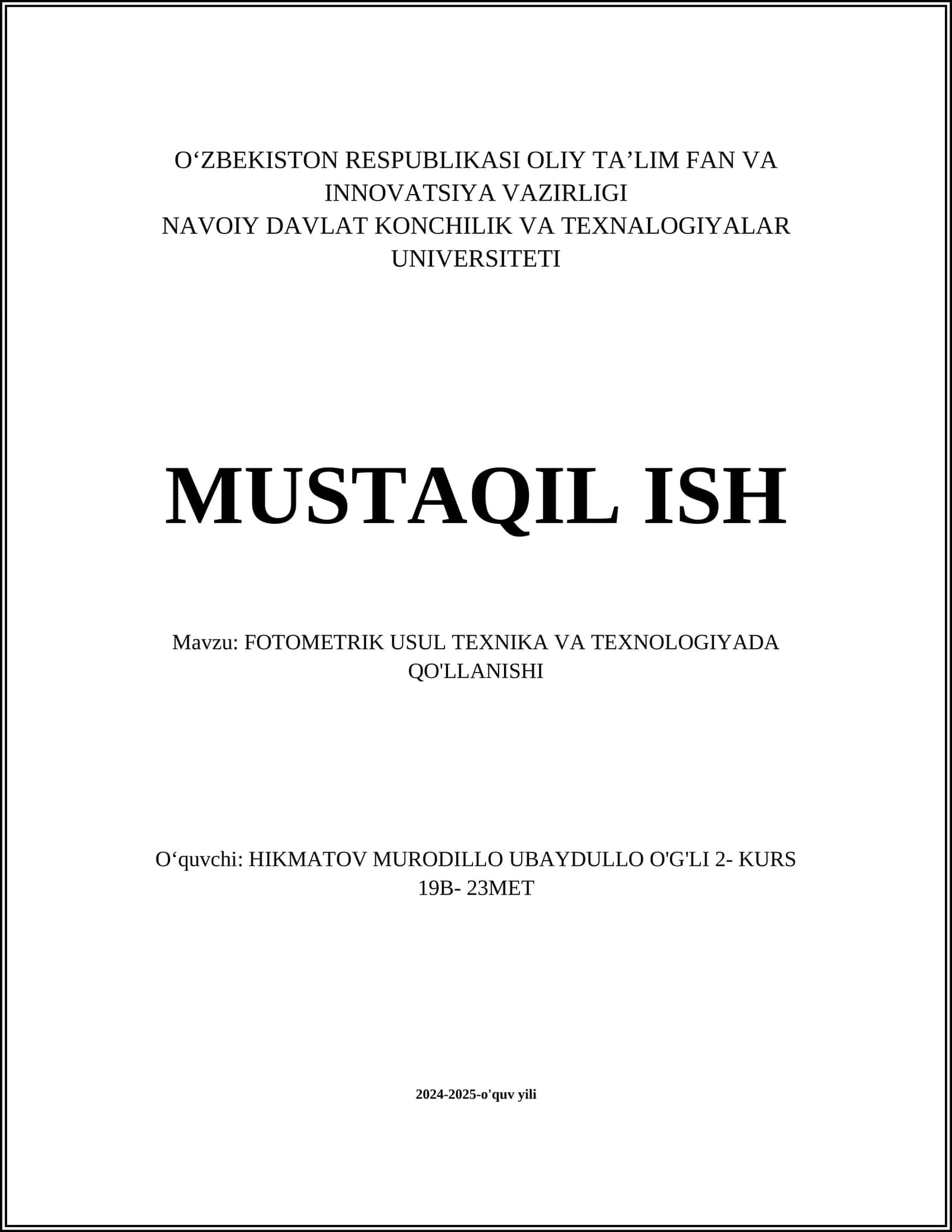 FOTOMETRIK USUL TEXNIKA VA TEXNOLOGIYADA QO'LLANISHI 1