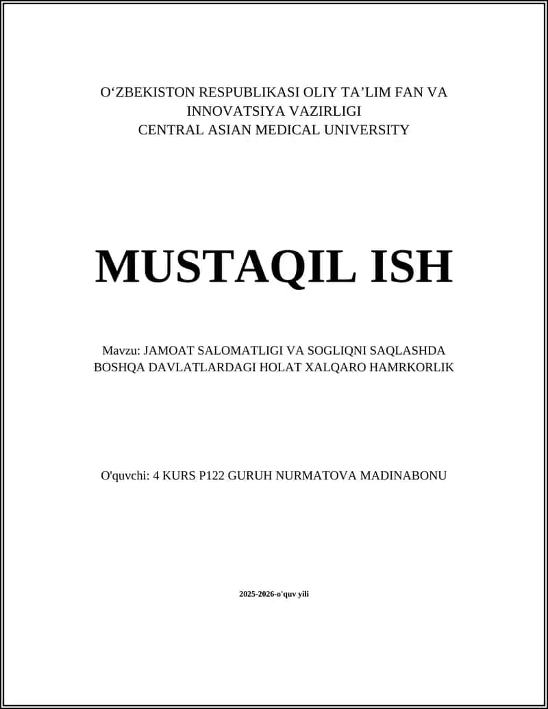 JAMOAT SALOMATLIGI VA SOGLIQNI SAQLASHDA BOSHQA DAVLATLARDAGI HOLAT XALQARO HAMRKORLIK 1