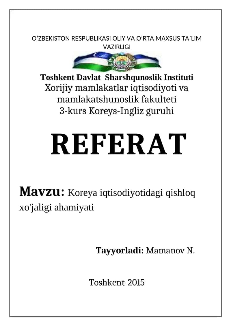 Koreya iqtisodiyotidagi qishloq xo'jaligi ahamiyati 1