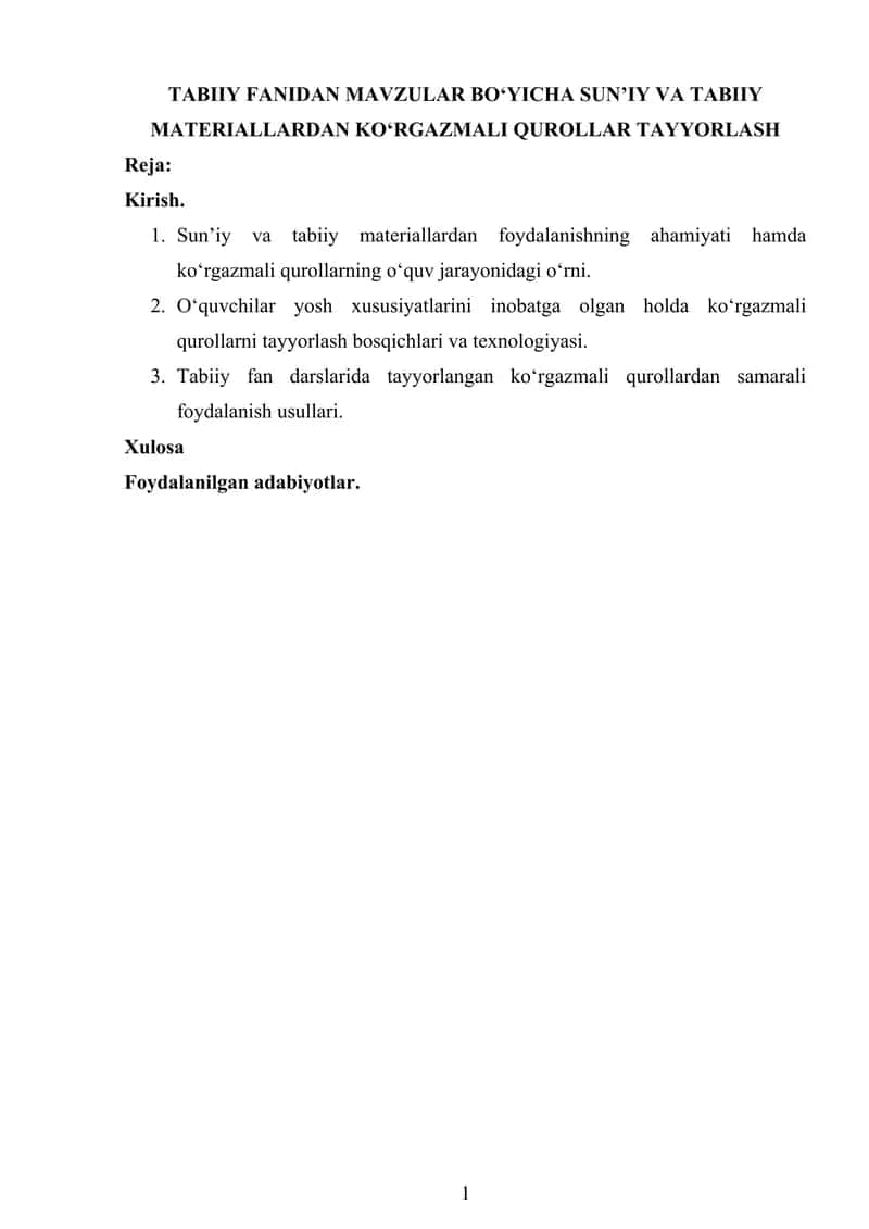 Tabiiy Fanidan Mavzular Boʻyicha Sunʼiy va Tabiiy Materiallardan Koʻrgazmali Qurollar Tayyorlash 1