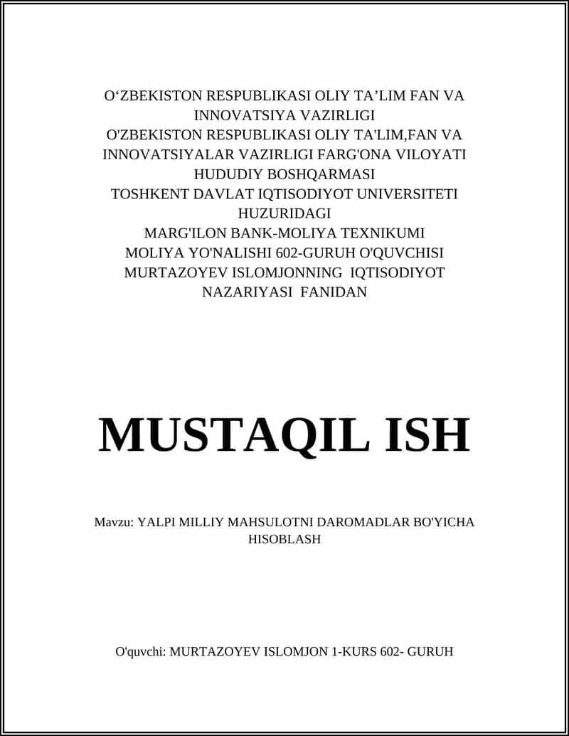 Yalpi Milliy Mahsulotni Daromadlar Bo'yicha Hisoblash 1